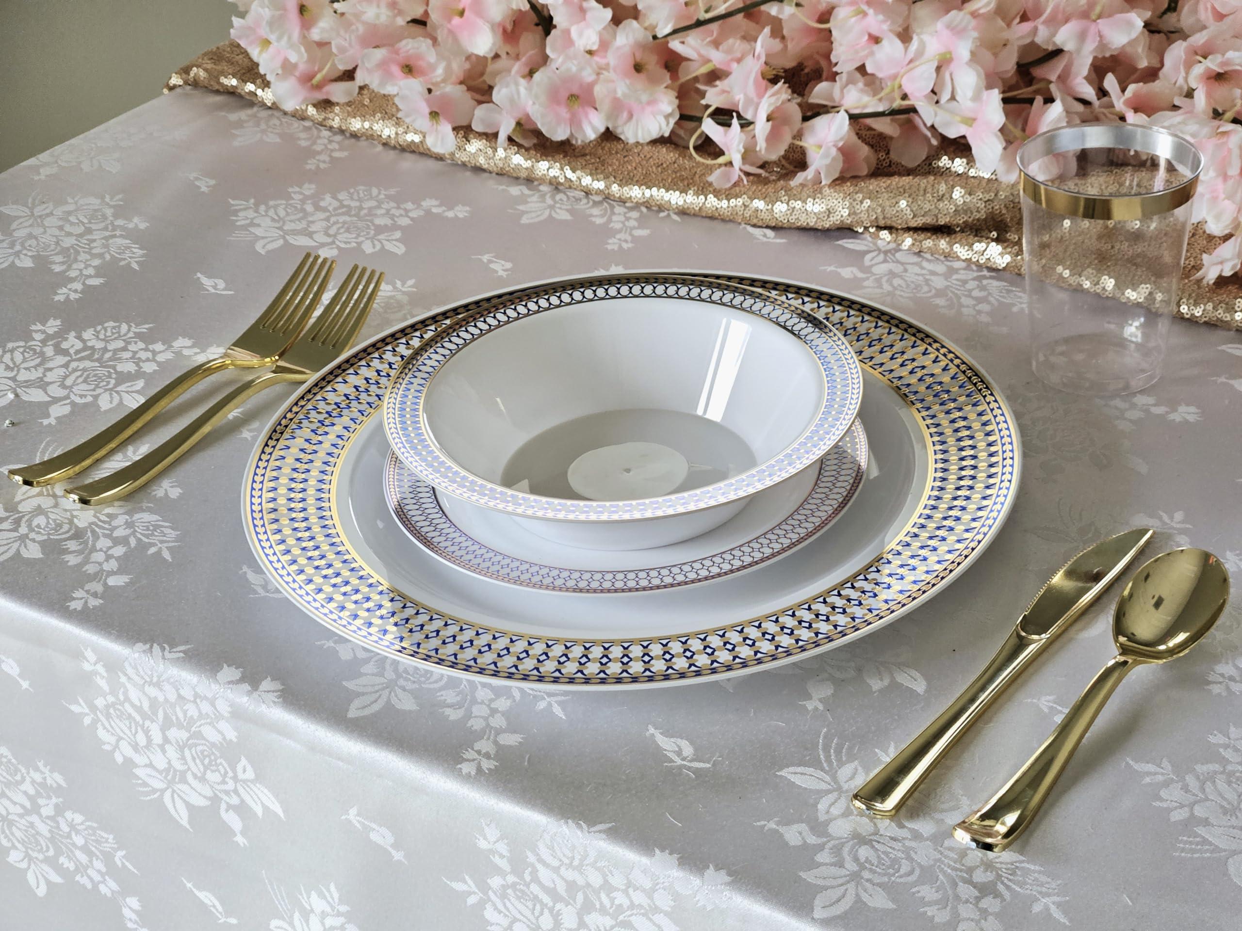 OCCASIONS FINEST PLASTIC TABLEWARE " OCCASIONS " 60 Plates Pack, Heavyweight Disposable Wedding Party Plastic Plates (7.5'' Appetizer/Dessert Plate, Odyssey in White/Blue & Gold)