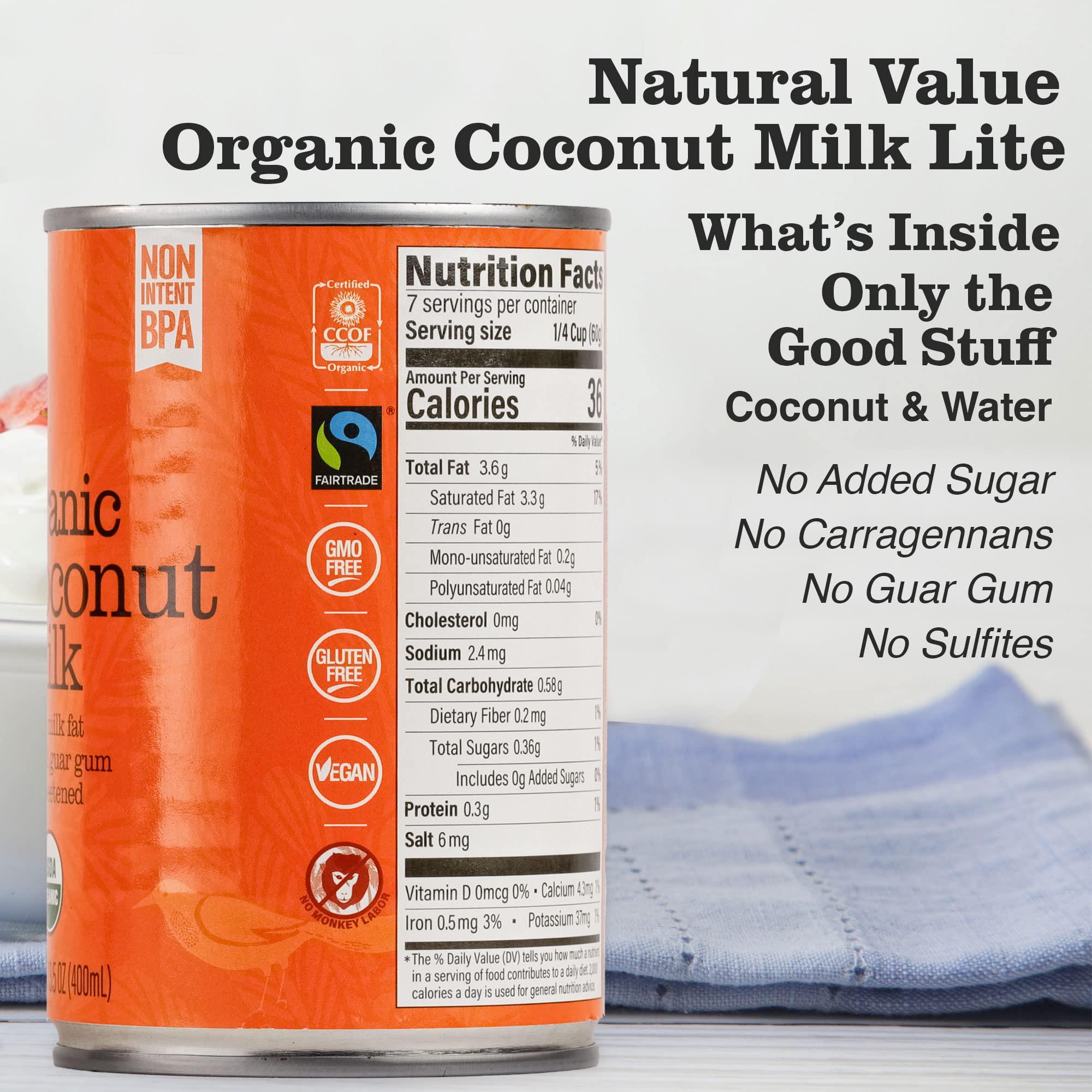 Natural Value Natural Value Coconut Milk, Organic, Lite 5-7% Milk Fat,13.5 oz (pack of 6) No added Guar Gum, Unsweetened, Gluten Free, Keto Friendly, Fairtrade, Vegan, Kosher, No Monkeys used in Harvesting