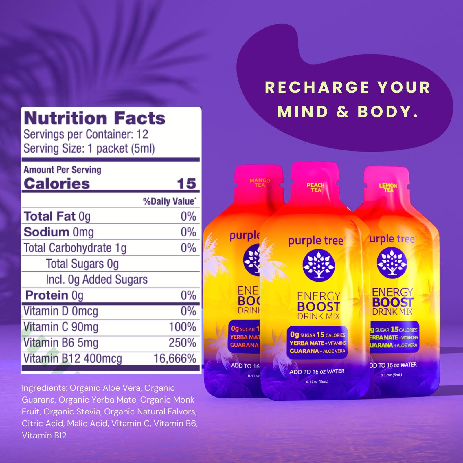 purple tree Purple Tree Organic Energy Stick Packets, Zero Sugar, B12 Vitamins, Lemon Ice Tea Flavor | 80mg Caffeine from Yerba Mate & Guarana to Prevent Crashing, 12 To-Go Packs