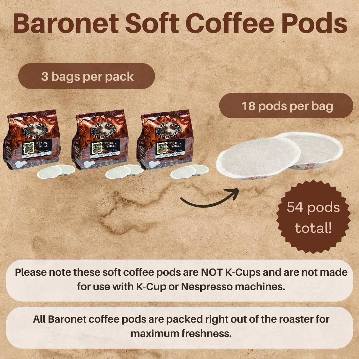 Baronet Coffee Baronet Coffee Pods [Crme Brulee Flavored-54 Pods] Single Cup Use for Senseo Coffee Machine - 3 Bags of 18 Single Serve 8 Gram Pods, Regular Strength Soft Coffee Pods, Medium Roast [Crme Brulee]