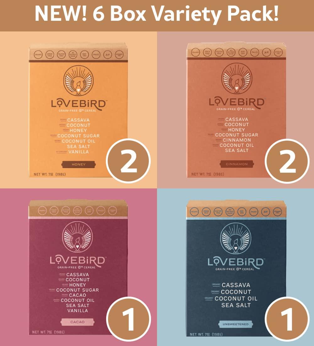 Lovebird Lovebird Gluten & Grain Free Cereal Variety 6 Pack - Organic AIP Food, Paleo Dairy Free, No Refined Sugar Breakfast Cereals | Healthy Snacks for Kids, Adults - Cacao, Honey, Cinnamon, Unsweetened
