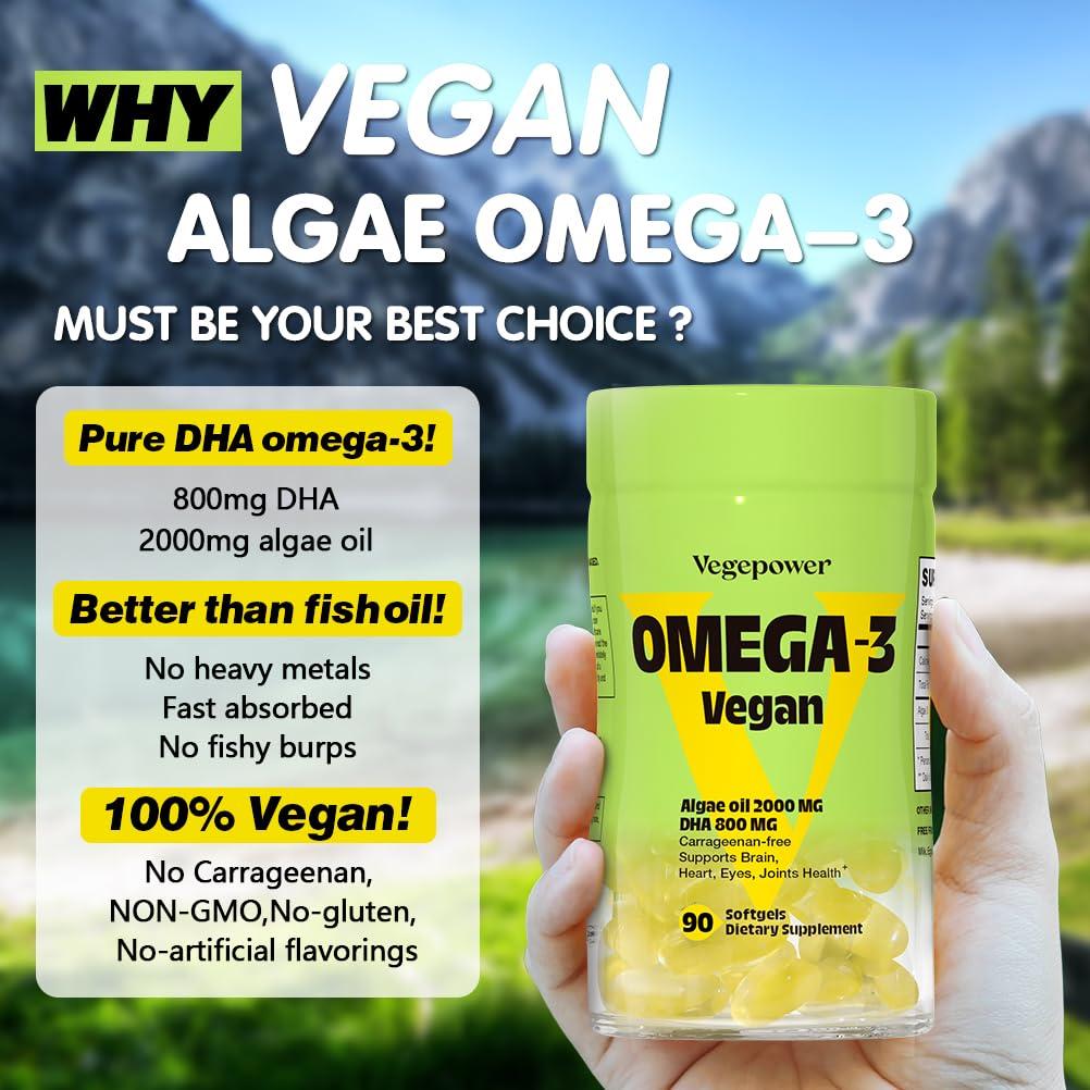 VEGEPOWER Vegan Omega-3 Algae DHA Supplements - 2000mg Algae Oil, Plant-Based Prenatal Algal DHA, 90 Carrageenan Free Softgels -Sustainable Fish Oil Alternative Supports Brain, Heart, Eyes, Joint Health