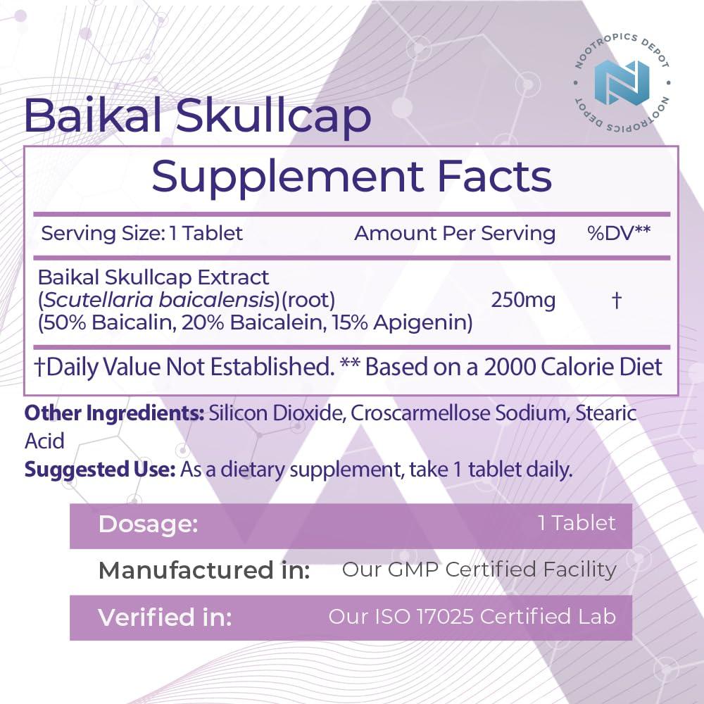 Nootropics Depot Nootropics Depot Baikal Skullcap Extract Tablets | 250mg | 120 Count | >15% Apigenin, 20% Baicalein, 50% Baicalin