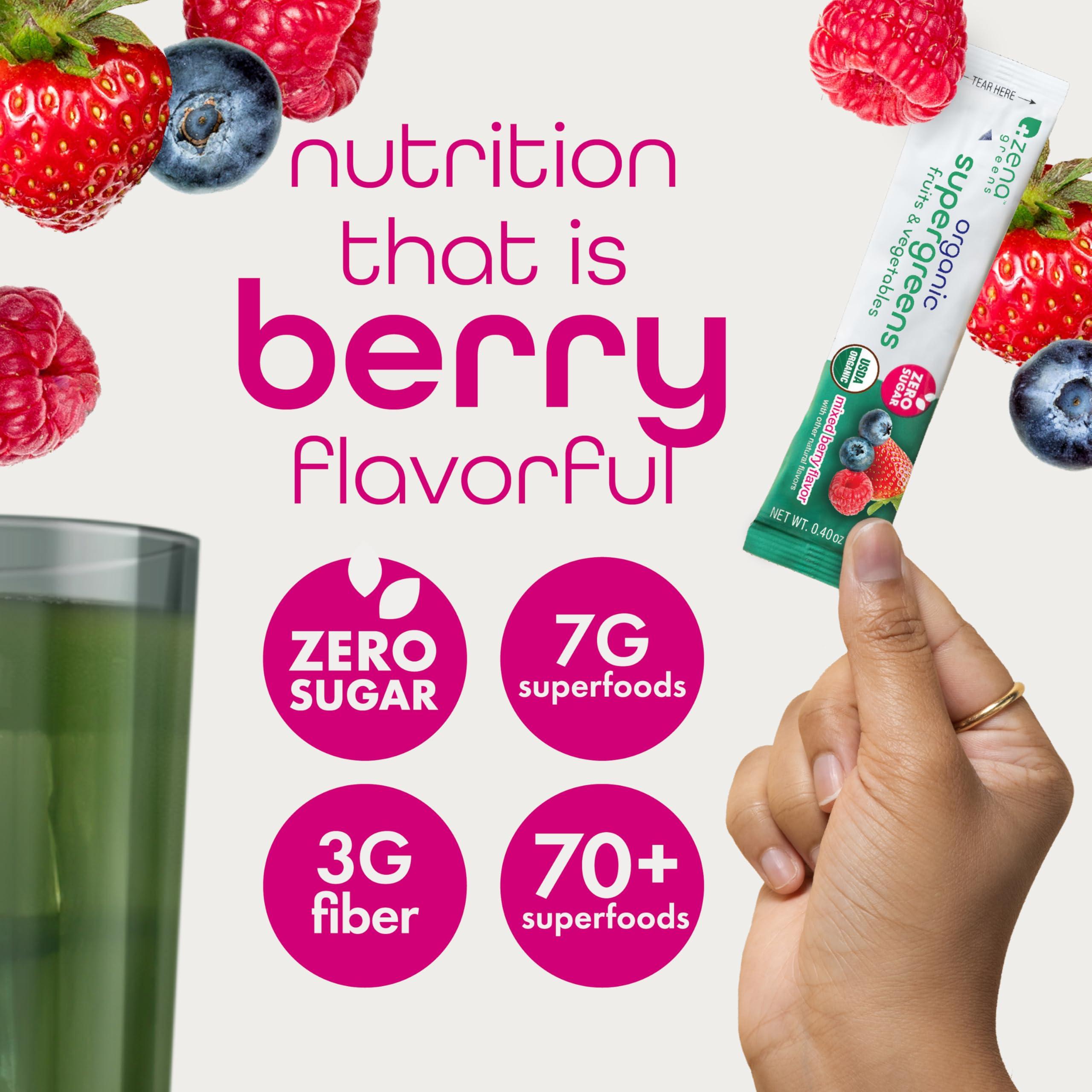 Zena Fit Nutrition Zena Organic Super Greens Powder, 70+ Superfoods Drink Mix, 0 Sugar, 3G Fiber, Fruits, Veggies, Spirulina, Chlorella, Antioxidants, Pre & Probiotics, Digestive Enzymes, Mixed Berry Flavor, 30 Packets