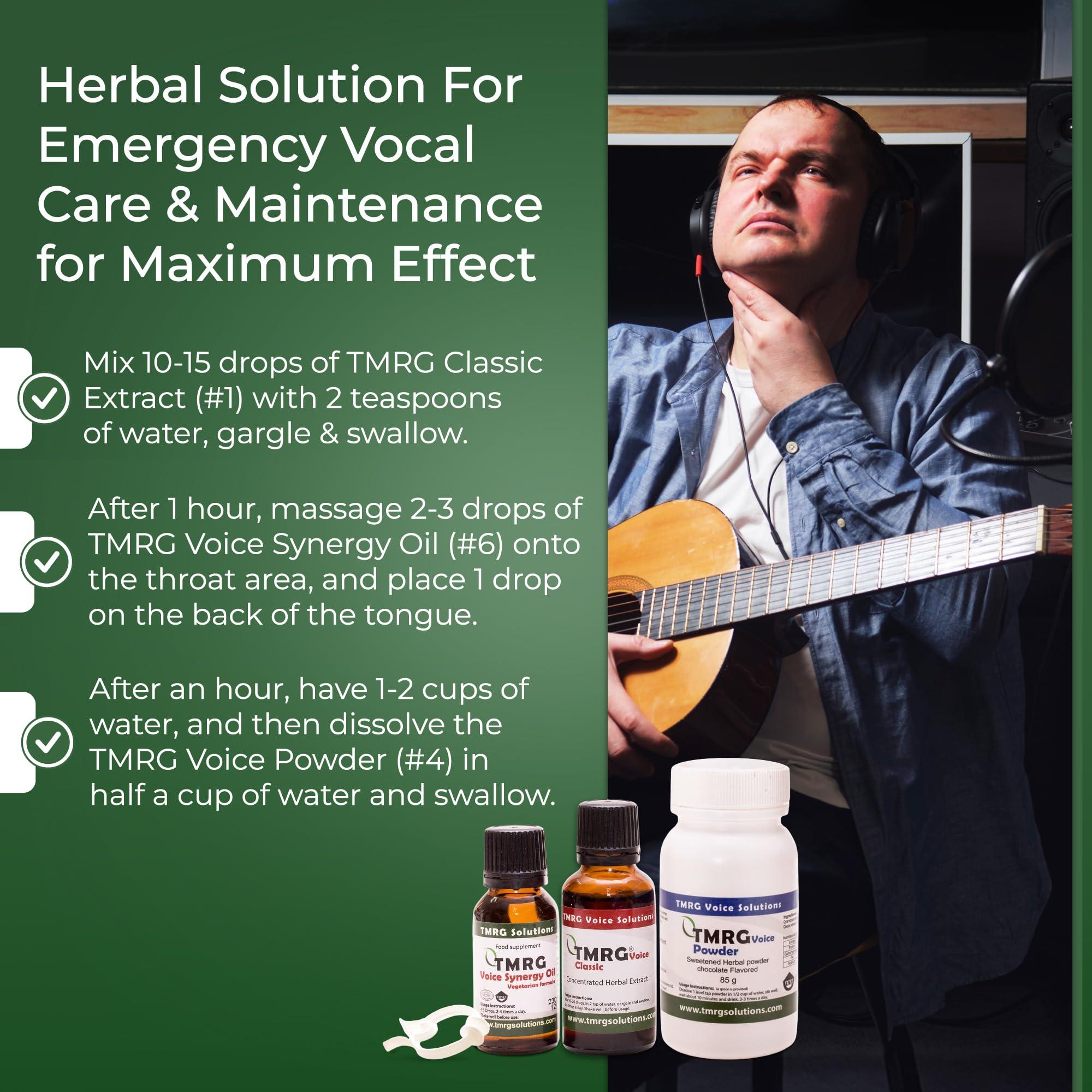 TMRG TMRG Powerful Vocal Recovery Kit - Large: Professional Herbal Remedy Featuring 30ml Voice Drops, 85g Voice Powder, 20ml Synergy Oil, and a ClipUltimate Care for Vocal Strength and Recovery.