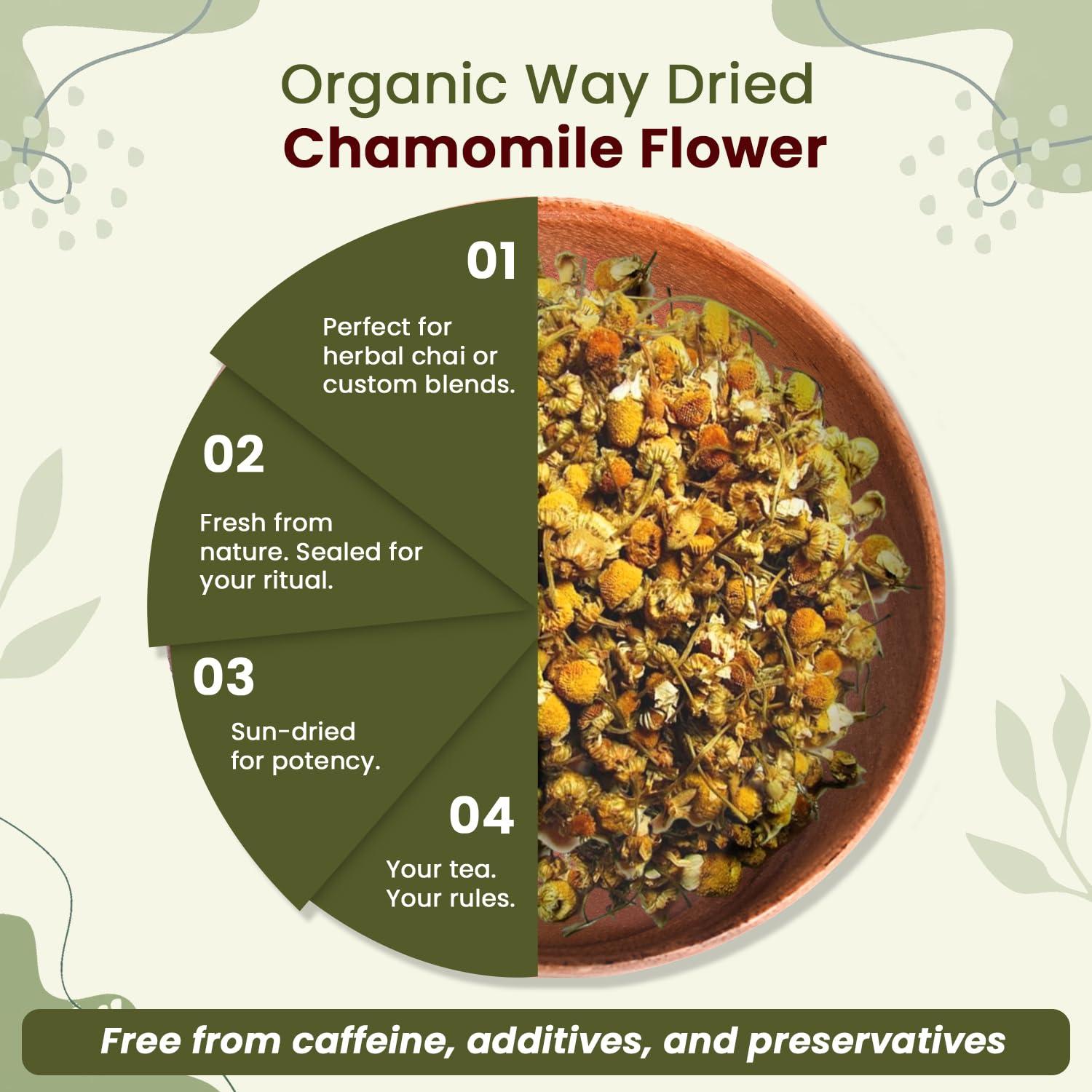 Organic Way Organic Way Chamomile Flower Whole (Matricaria chamomilla) - Herbal Tea | European Wild-Harvest | Kosher & USDA Certified | Vegan, Non-GMO & Gluten Free | 100% Raw from Albania (1/4LBS / 4Oz.)