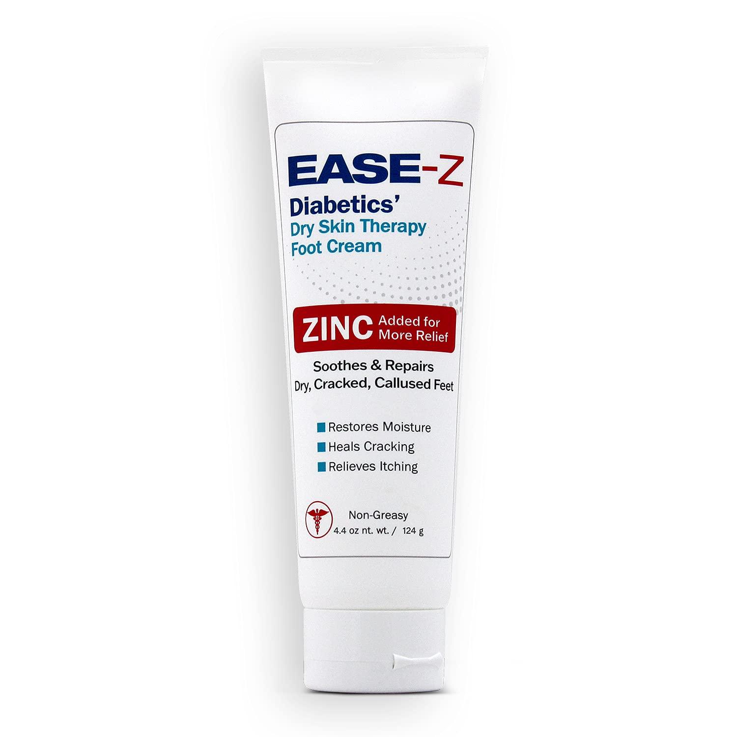 Ease-Z EASE-Z Diabetic Foot Cream. Clinically Proven Ingredients and ZINC Relieve Dry, Cracked, Callused Feet and Hands. Soothes Pain and Burning. Shea Butter moisturizes. Fast-Acting, Long-Lasting. 4.4 oz.