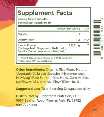Brightcore Brightcore Nutrition - Kimchi One, Kimchi Powder Capsules, Probiotics, Enzymes, & Antioxidant Supplement, Premium Gut Health Superfood for Overall Well Being, Gluten-Free, 90 Vegan Capsules