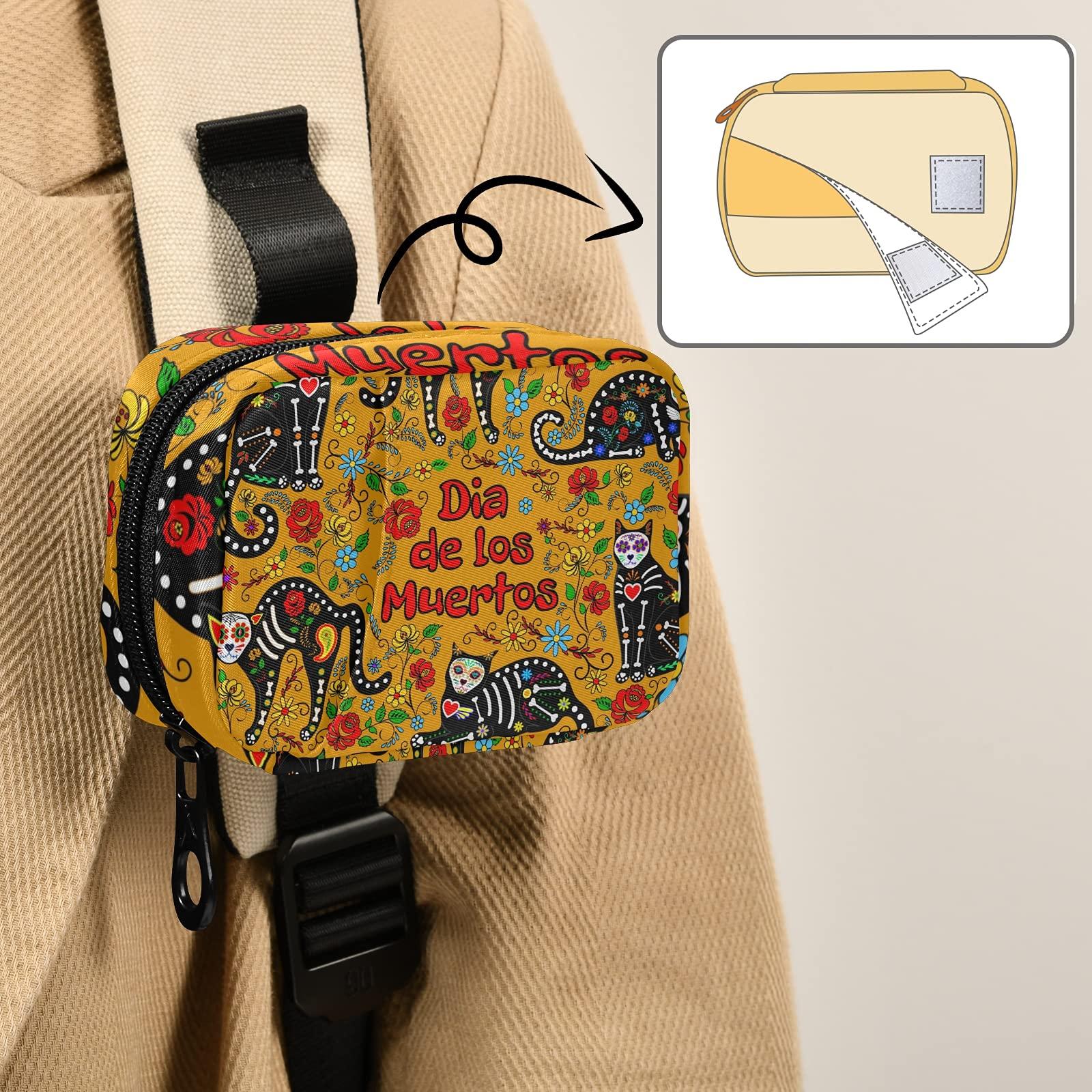 TropicalLife Travel Pill Case Bag Floral Day of The Dead Sugar Skull Cat Weekly Pill Box 8 Compartments 7 Day Individual Pill Case Purse Zippered Medicine Case Organizer