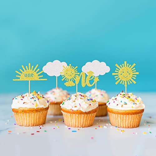 Cyodoos Cyodoos 24Pcs Sunshine One Cupcake Toppers Sun Simle Face Cloud You are My Sunshine First Birthday Cupcake Picks Baby Shower 1st Birthday Party Cake Decorations Supplies - Gold Glitter