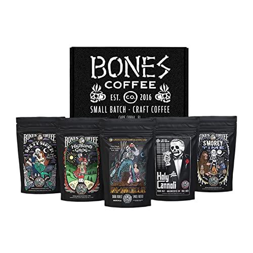 Bones Coffee Company Bones Coffee Company NEW Flavors! Favorite Flavors Sample Pack | 4 oz Pack of 5 Assorted Ground Coffee Beans | Low Acid Medium Roast Gourmet Coffee Beverages (Ground)