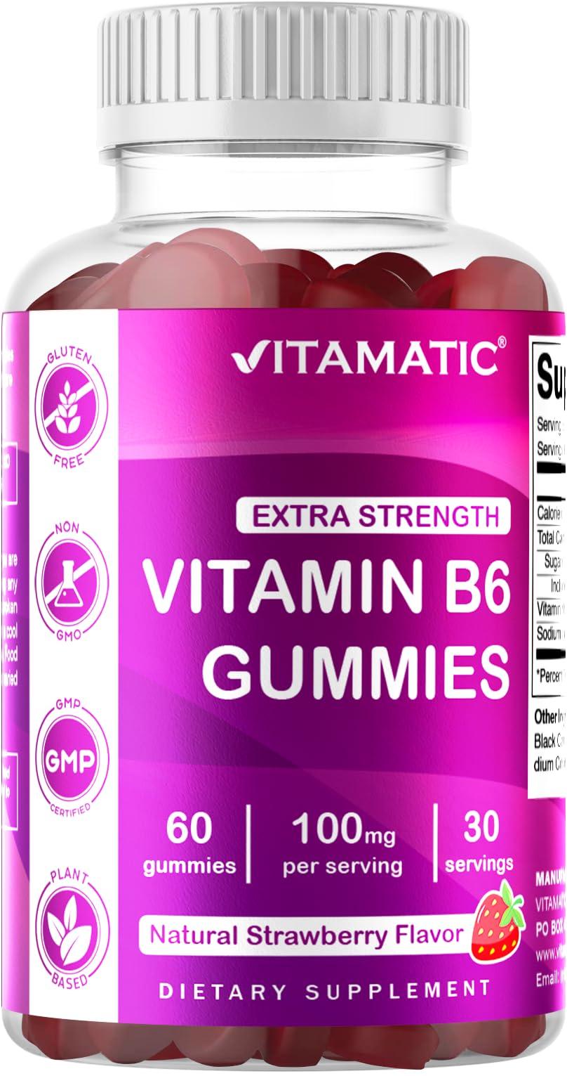 Vitamatic Vitamatic 2 Packs Vitamin B6 100mg - Strawberry Flavor - 60 Pectin Based Gummies - Supports Nervous System
