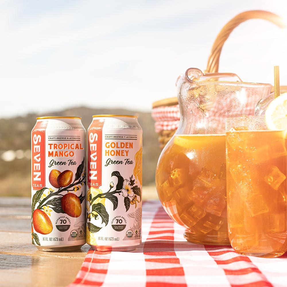 SevenTeas SevenTeas Tropical Mango Green Tea, 16 OZ (Pack of 12 Cans), Organic Iced Tea