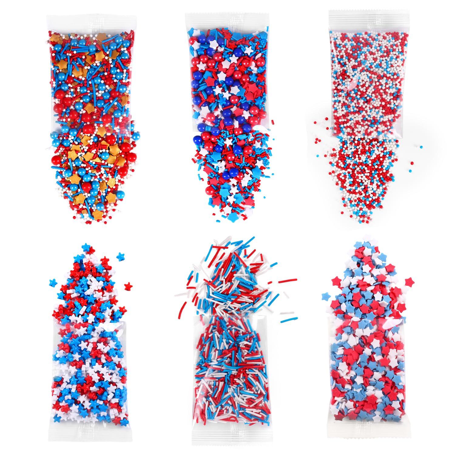 cobakey Edible Sprinkles Nonpareils Red White and Blue 4th of July for Cake Decorating Baking, Ice Cream, Cookies, Cupcake Topper (6 Packs)