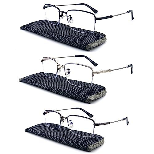 FEIVSN FEIVSN Progressive Multifocus Reading Glasses Blue Light Blocking, Multifocal Readers for Men Women Trifocal Lightweight Eyewear Half Metal Frame Titanium Alloy (3 Pack: Black+Gun+Silver, 1.50)