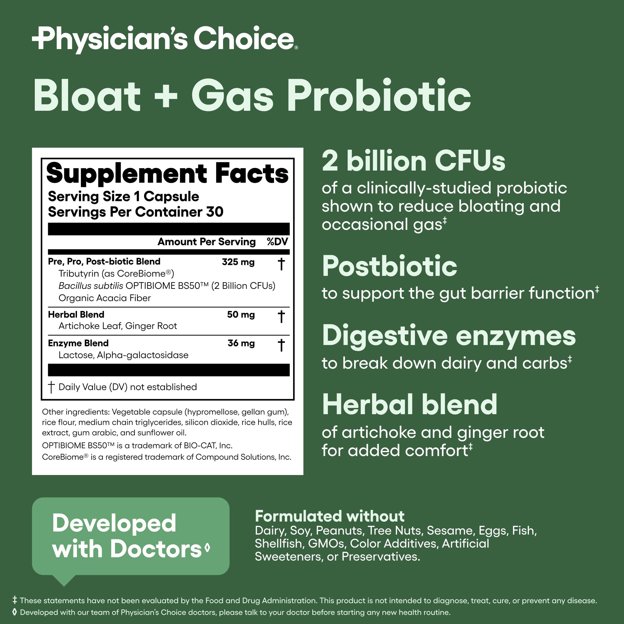 Physician\'s CHOICE Physician\'s CHOICE Bloat & Gas Probiotic 5-in-1 Proactive Support + Daily Relief - Digestion & Gut Health- Herbals, Digestive Enzymes, Post & Prebiotics - Gas Relief for Adults - Women & Men - 30ct