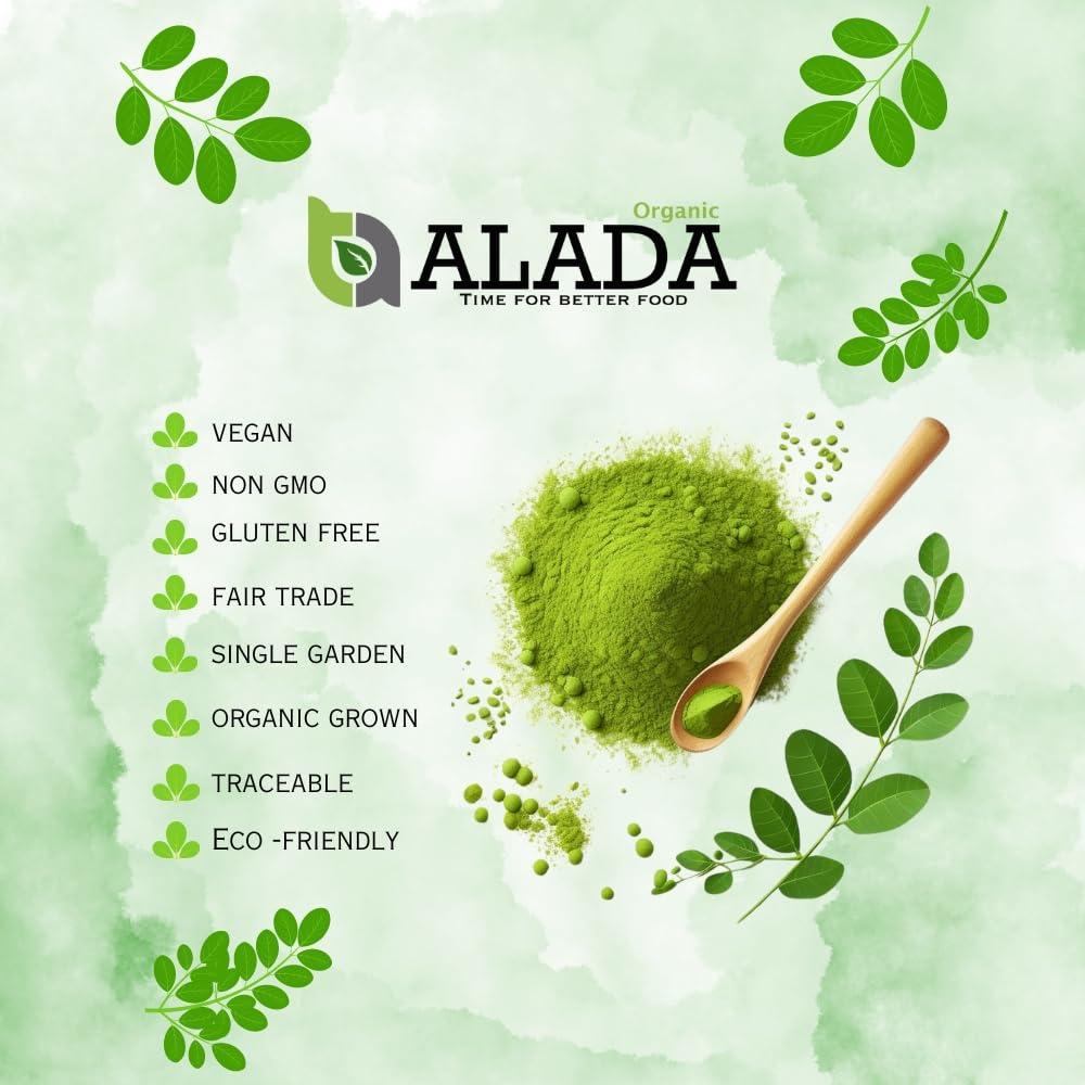 ALADA ORGANIC ALADA ORGANIC Moringa - Moringa Powder Single Garden Premium 100% Leaf Powder India Organic Certified, Moringa Oleifera - Smoothies, Drinks, Tea & Recipes -7.05 OZ