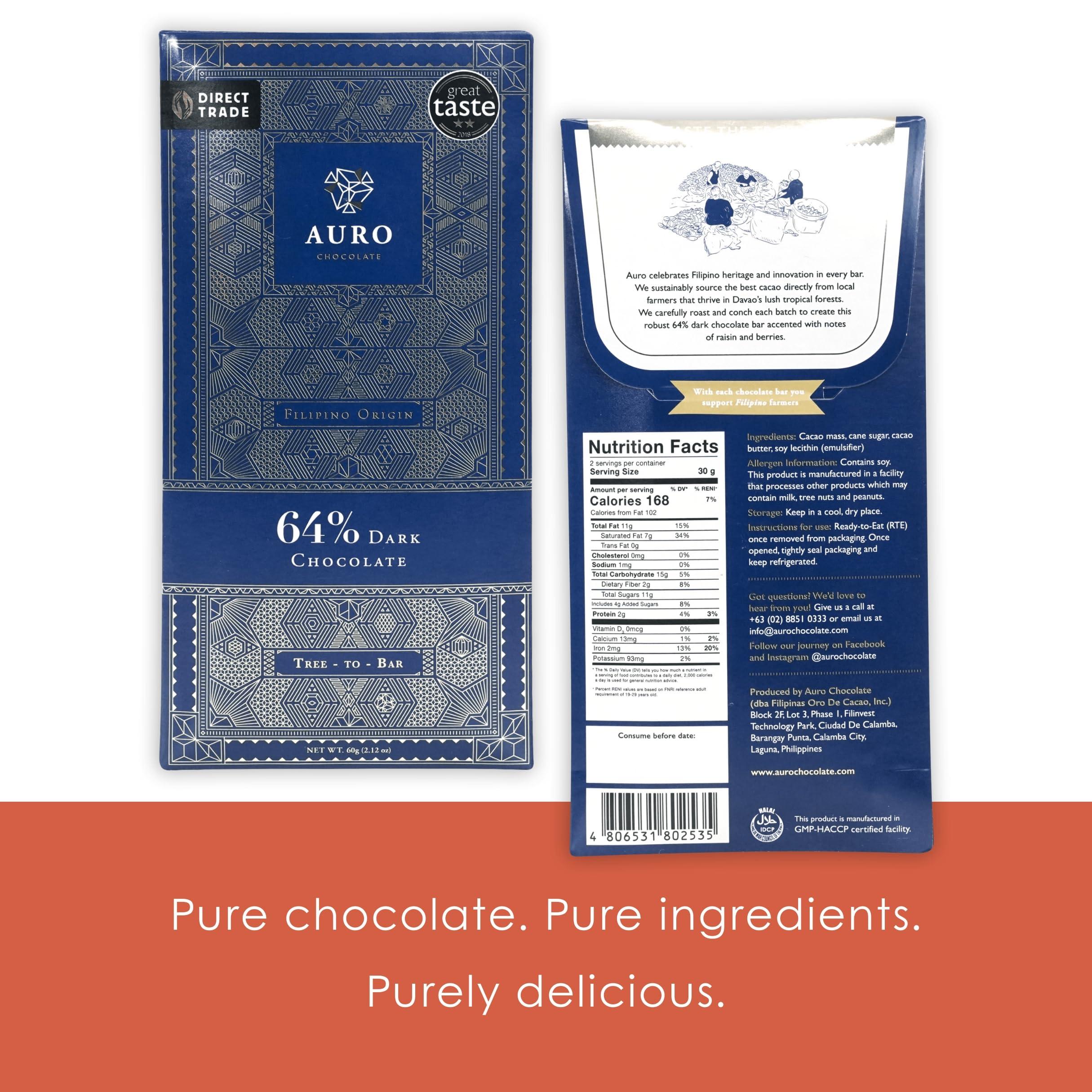 Auro Chocolate Auro - Filipino Chocolate Bundles (Dark Chocolate 64%, 3 Pack)