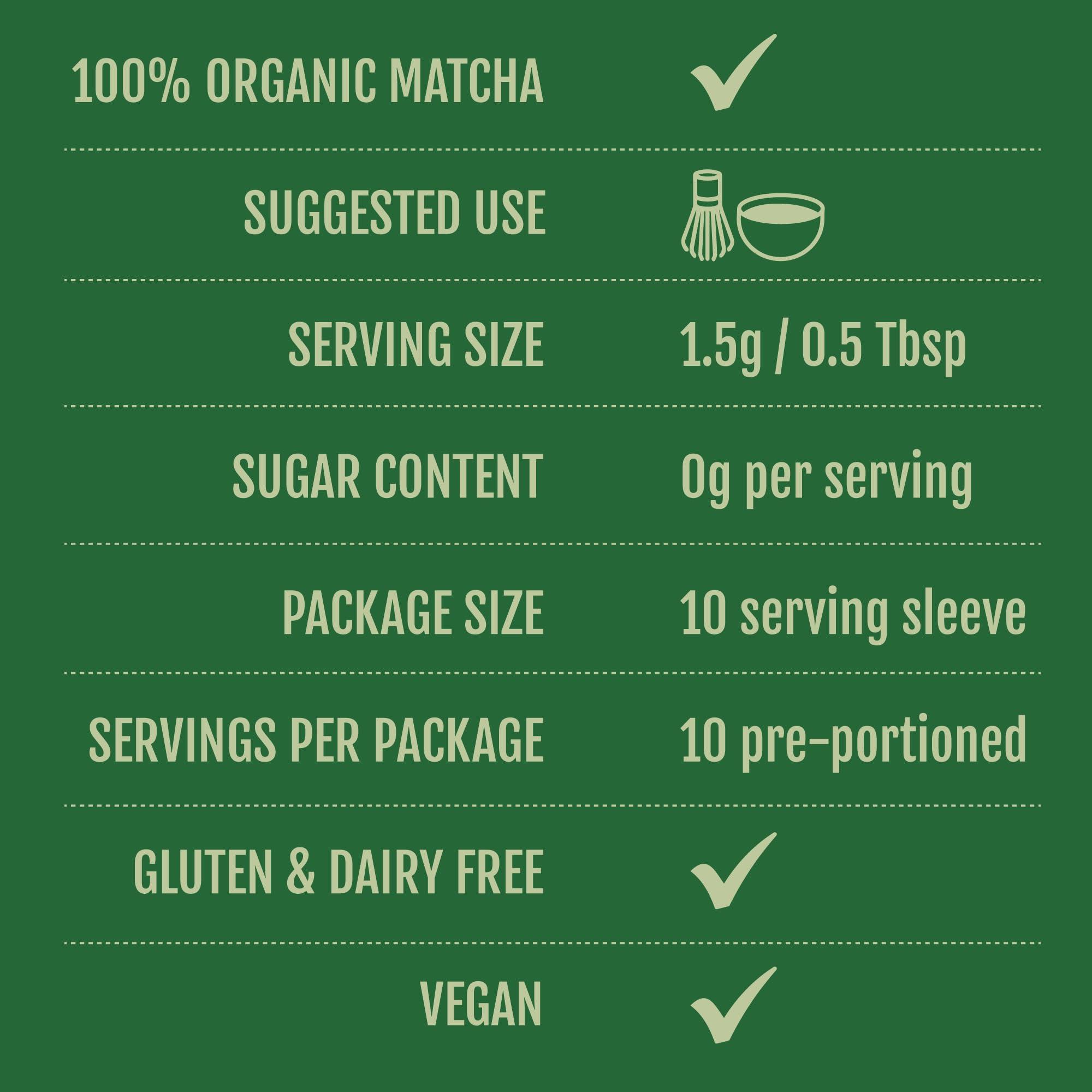 Two Leaves and a Bud Two Leaves and a Bud Organic Ceremonial Matcha Green Tea, 100% Japanese Matcha powder, 1.5g Pre-Portioned Single-Serve Sticks, Pack of 10