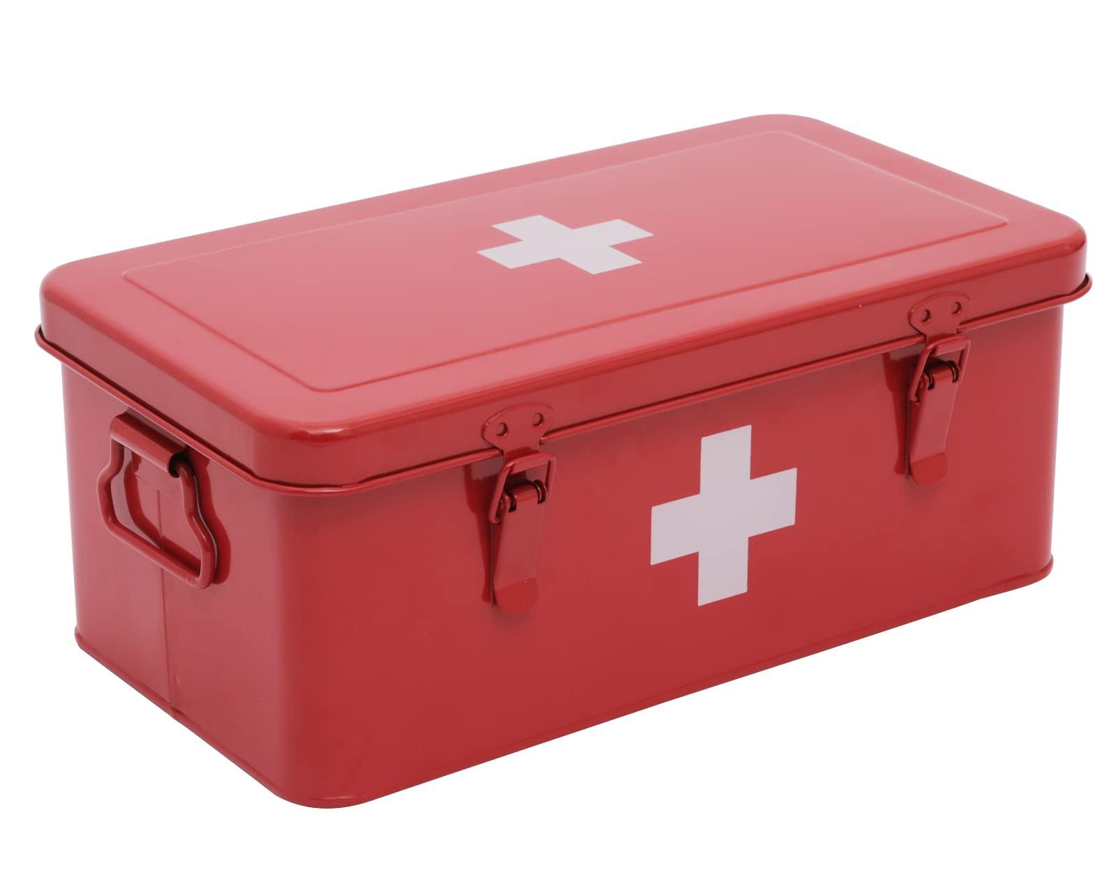 Xbopetda Xbopetda First Aid Medicine Box, First Aid Kit Supplies Bin, Metal Medicine Storage Tin, First Aid Empty Box with Safety Lock for Home Emergency Tool Set-Red