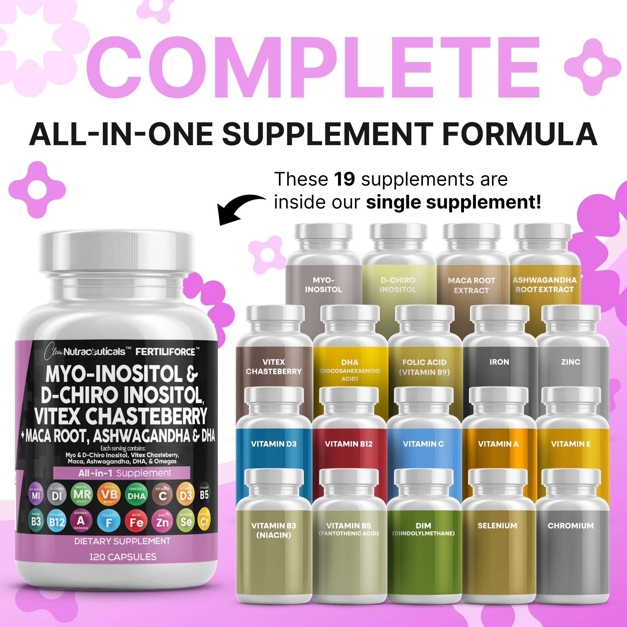 Clean Nutraceuticals Myo-Inositol & D-Chiro Inositol 2050mg Fertility Supplement 40:1 Ratio - Prenatal Vitamins for Women with Ashwagandha Maca Root Vitex Chasteberry Iron DHA Folic Acid DIM Zinc - 2Pack