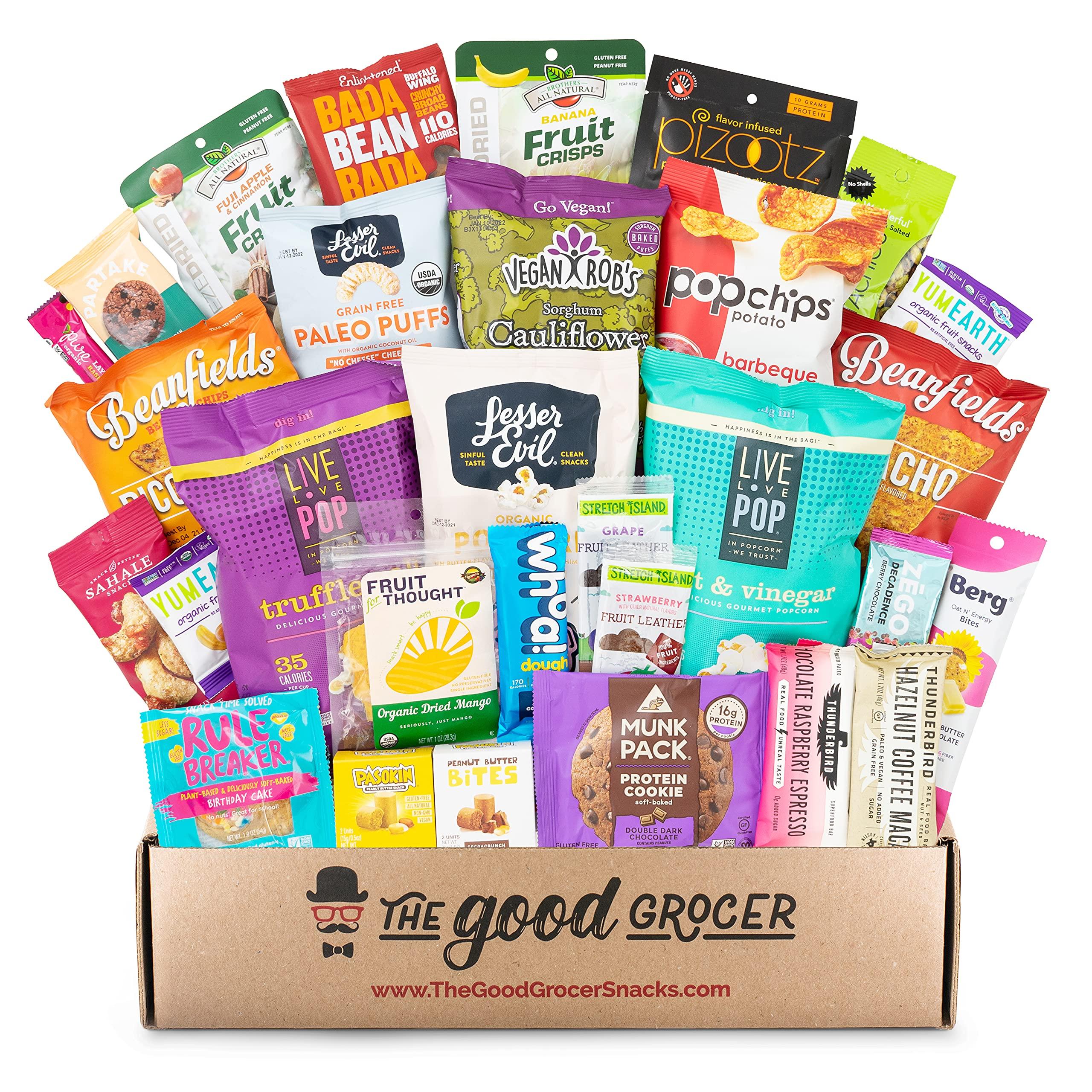 The Good Grocer Deluxe GLUTEN FREE and VEGAN (Dairy Free) Snacks Care Package: Delicious Protein Bars, Cookies, Chips, Puffs, Fruit & Nuts, Healthy Gift Basket Alternative, Snack Variety Pack, College Student Care Package