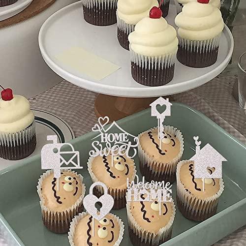 YCTHUNFISH 24 Pack Sweet Home Cupcake Toppers Glitter Key Lock Housewarming Cupcake Picks New Home Theme Party Welcome New House Party Cake Decorations Supplies Silver