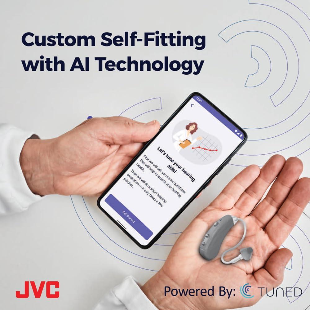 JVC JVC Self-Fitting OTC Hearing Aids for Seniors - Mild to Moderate Hearing Loss - Powered by FDA-Cleared TUNED App - 24/7 AI Hearing Assistant - Speech Recognition - Bluetooth-Enabled Hearing Aid