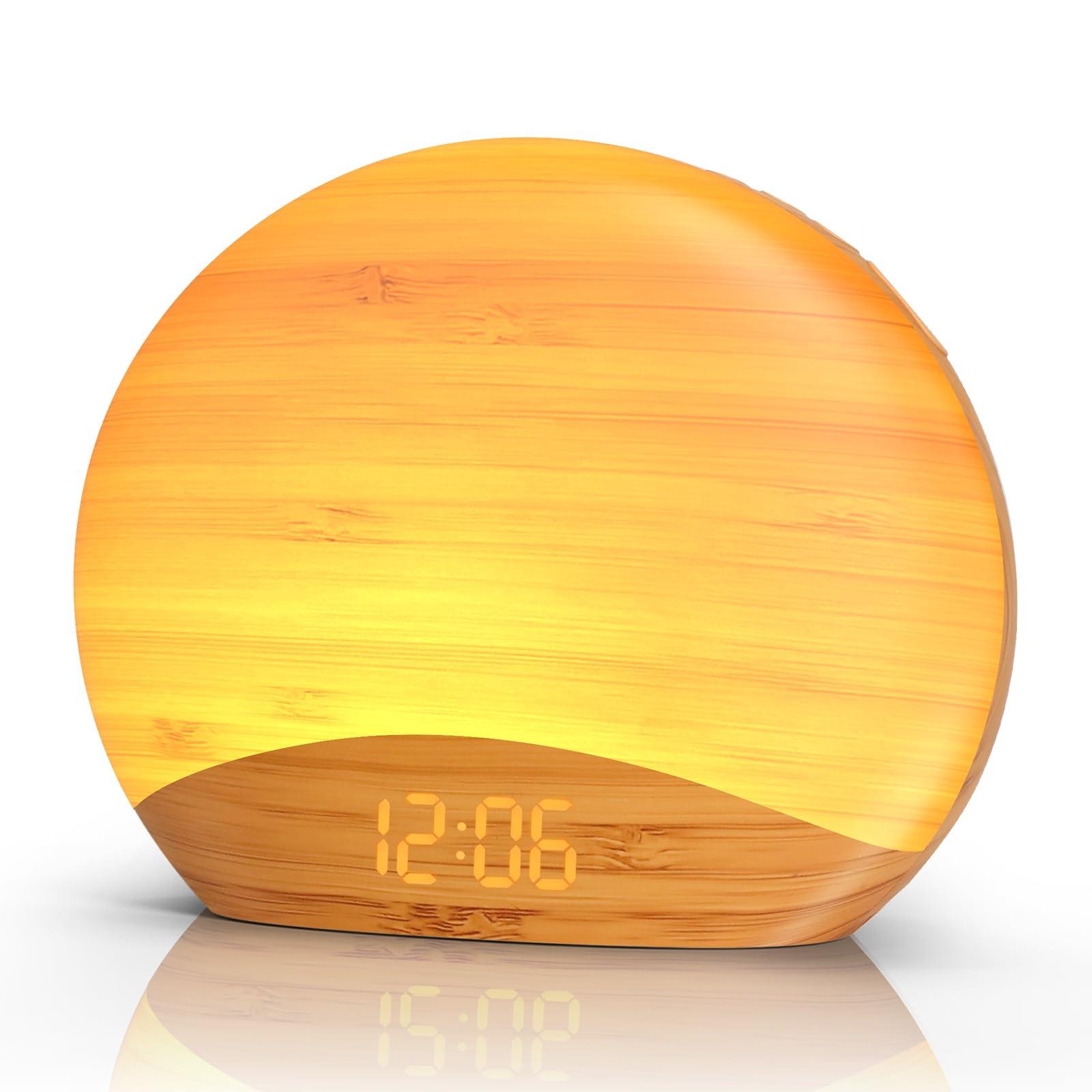 REACHER REACHER Natural Wood Grain Sound Machine Sunrise Alarm Clock26 Nature Inspired Sleeping Sounds, 0-100% Dimmable Clock, Night Light,Brown/Pink/White Noise Sound Machine for Babys, Kids, Adults