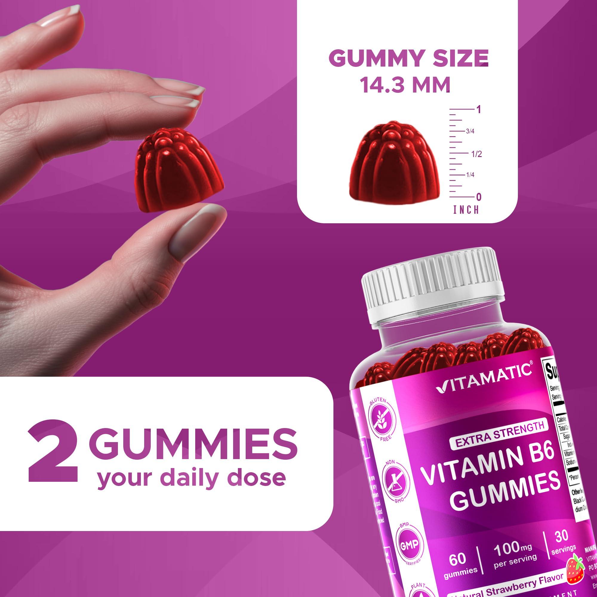 Vitamatic Vitamatic 2 Packs Vitamin B6 100mg - Strawberry Flavor - 60 Pectin Based Gummies - Supports Nervous System