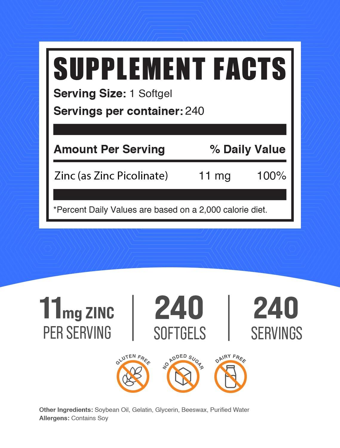 BULKSUPPLEMENTS.COM BulkSupplements.com Zinc Picolinate Softgels - Zinc Supplements, Zinc 11mg, Zinc Softgels - for Immune Support, Gluten Free - 1 Softgel per Serving, 240 Count (Pack of 1)