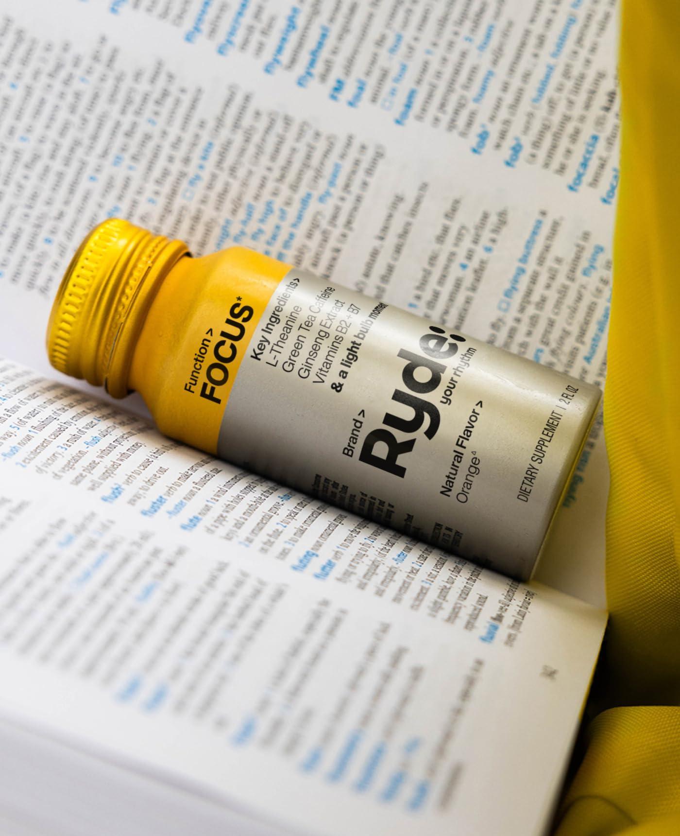 RYDE Ryde: Focus Shot | Orange Flavor | L-Theanine & Ginseng | Green Tea Caffeine | Vitamins B2 & B7 | 0 Calories, 0 Sugar | 2 FL OZ Shots | Supports Focus* (8 Pack)