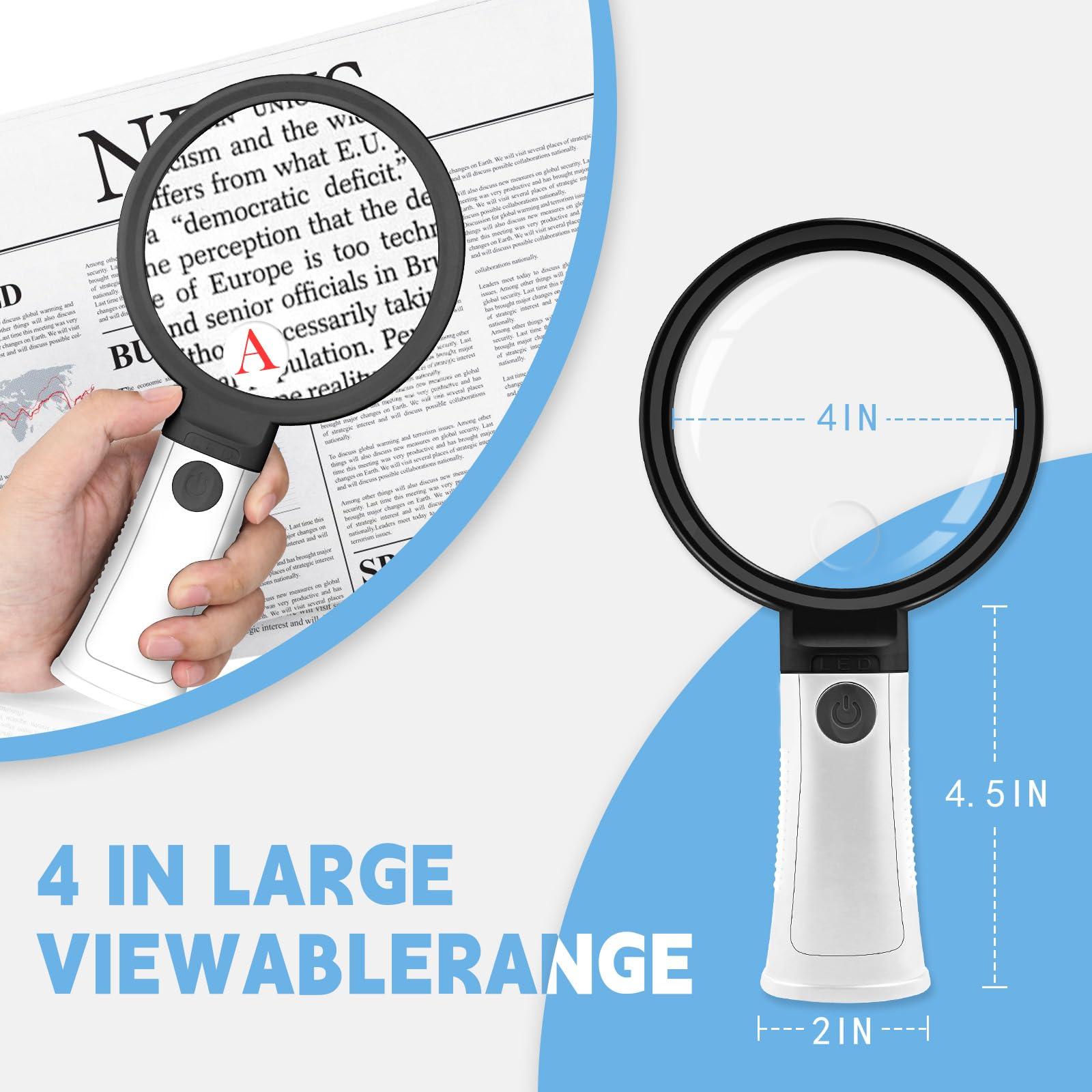 HQGZQL 30X 10X Large Magnifying Glass with Light and Stand Lighted Magnifying Glass with 12 LEDs 3 Adjustable Light Mode Handheld Magnifier for Low Vision Seniors Small Prints Reading Coins (Dark Black)