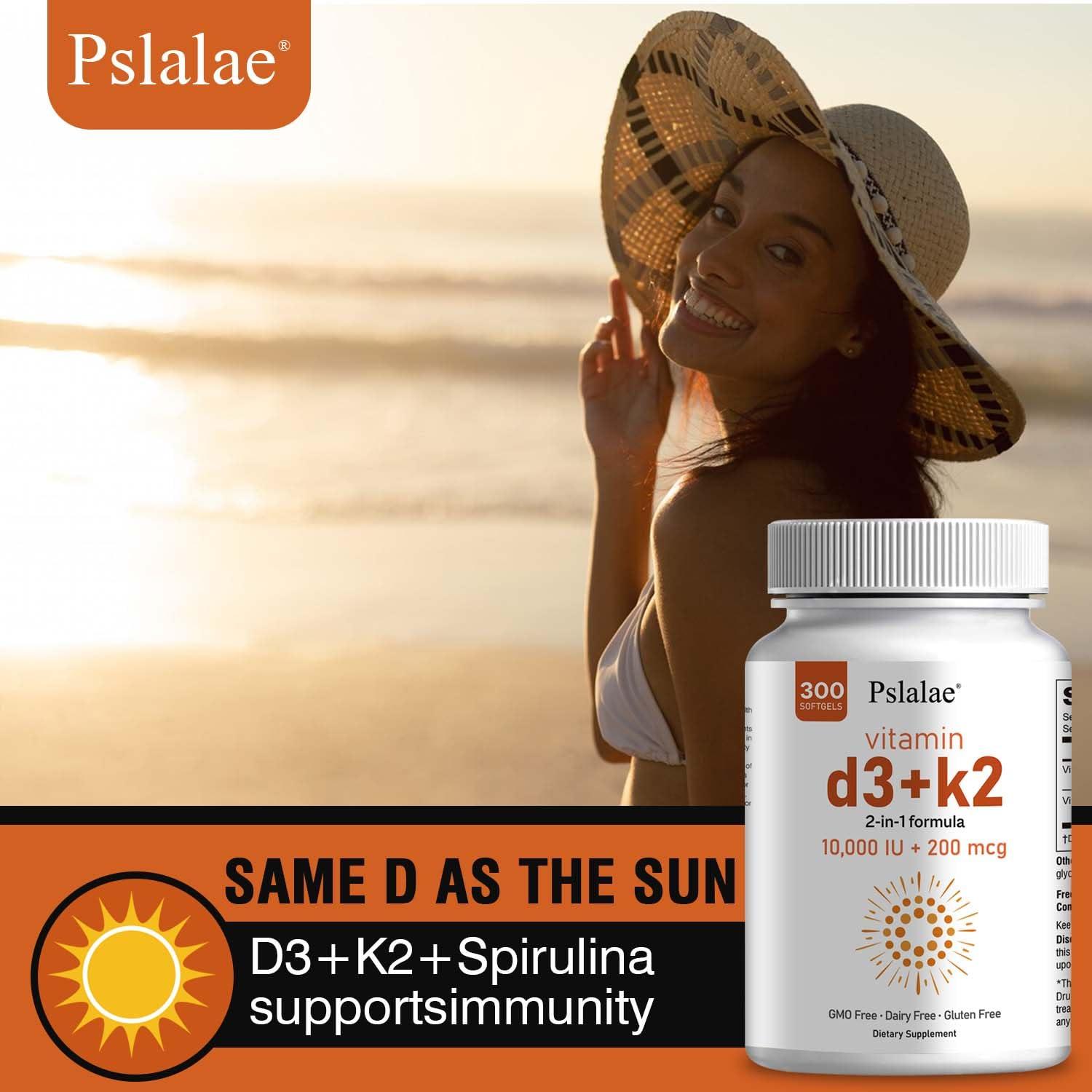 Pslalae Pslalae Vitamin D3 10000 Iu with K2 200 McgK2 Mk-7 with D3 Vitamin Supplement2 in 1 Support Immune, Heart, Joint, Teeth & Bone Health - Easy to Swallow,300 Softgel 2pack