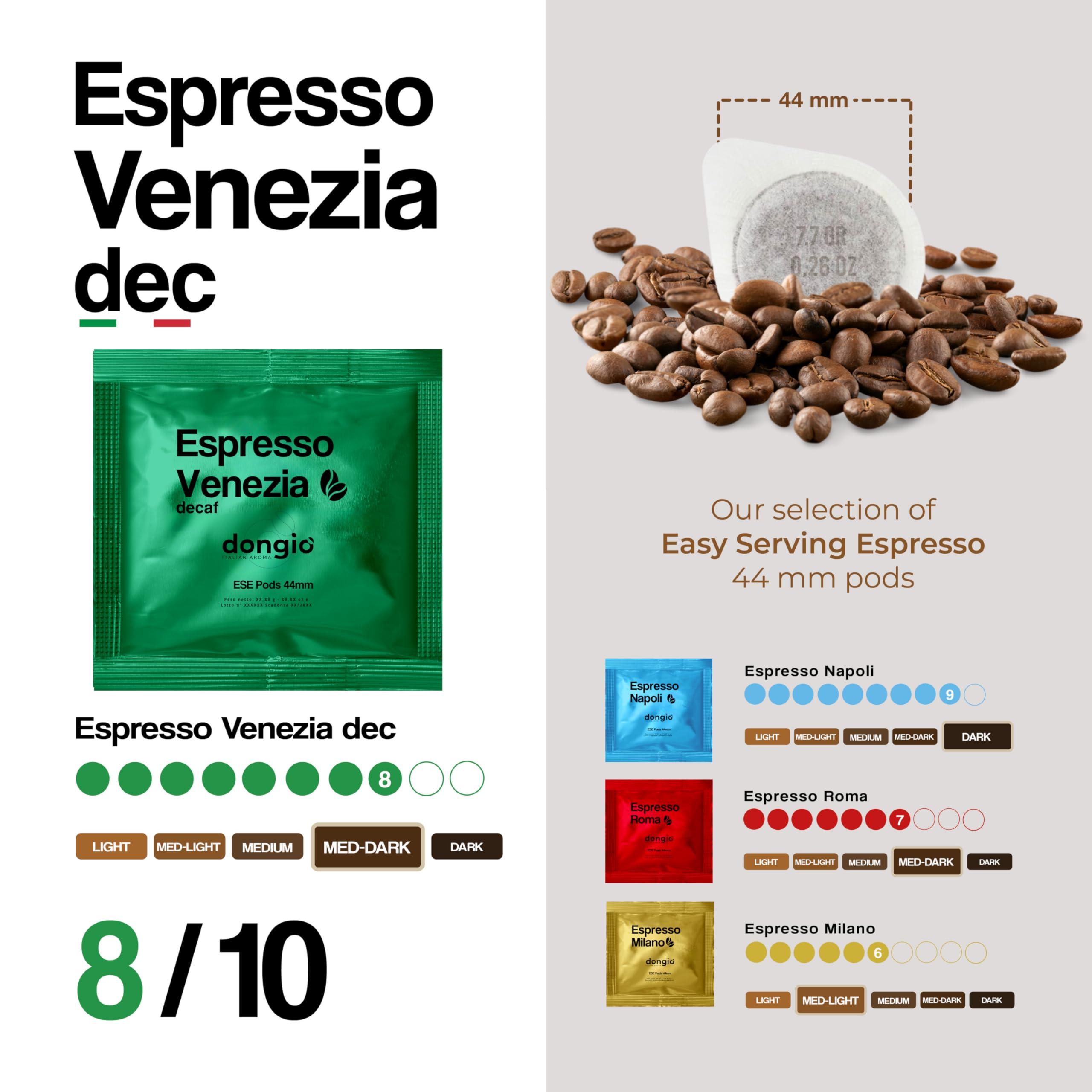 DONGIO CAFFE Dongi Caff Espresso Venezia (decaffeinated), ESE 44mm Pods, Blended and Roasted in Italy 50 Single-Serve Coffee Pods, Med-Dark Roast (Intensity 8/10)