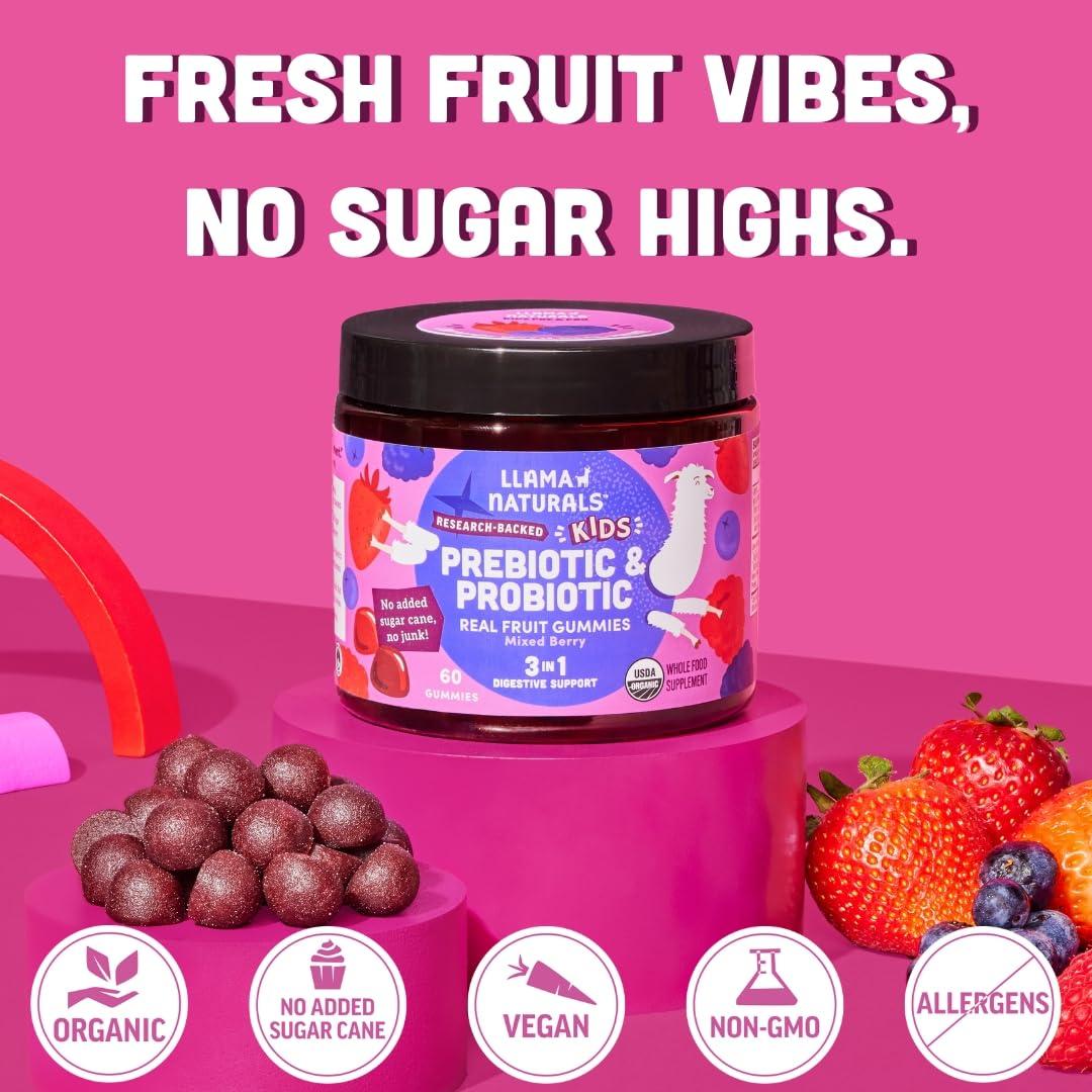 Llama Naturals Llama Naturals Real Fruit Prebiotic & Probiotic Kids Gummies, No Added Sugar Cane, Children Digestion, Toddler Tummy Aches, Gut Health, 2B CFU, Mixed Berry, 60 ct (30-60 Days)