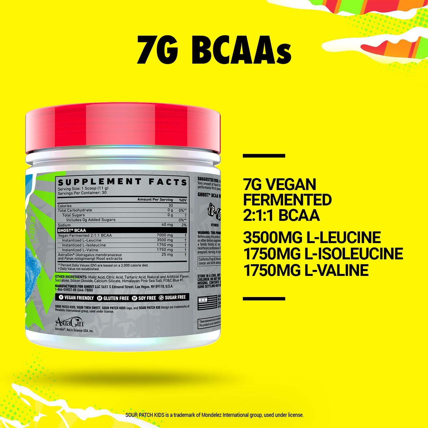 GHOST GHOST BCAA Powder Amino Acids Supplement, Sour Patch Kids Blue Raspberry - 30 Servings - Sugar-Free Intra, Post & Pre Workout Amino Powder & Recovery Drink, 7G BCAA
