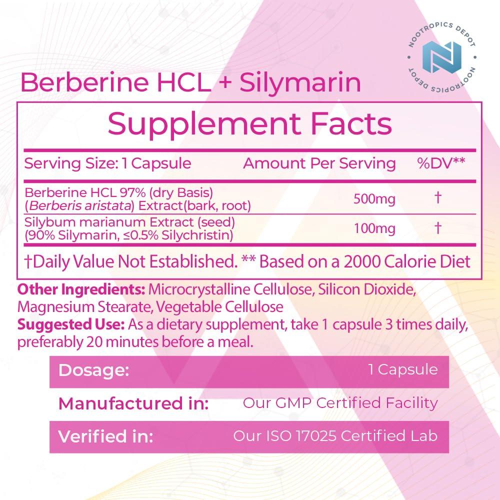 Nootropics Depot Nootropics Depot Berberine HCL + Silymarin Tablets | 500mg + 90mg | 180 Count | Supports Cellular Function, Metabolic Function, and Balanced Inflammation Levels