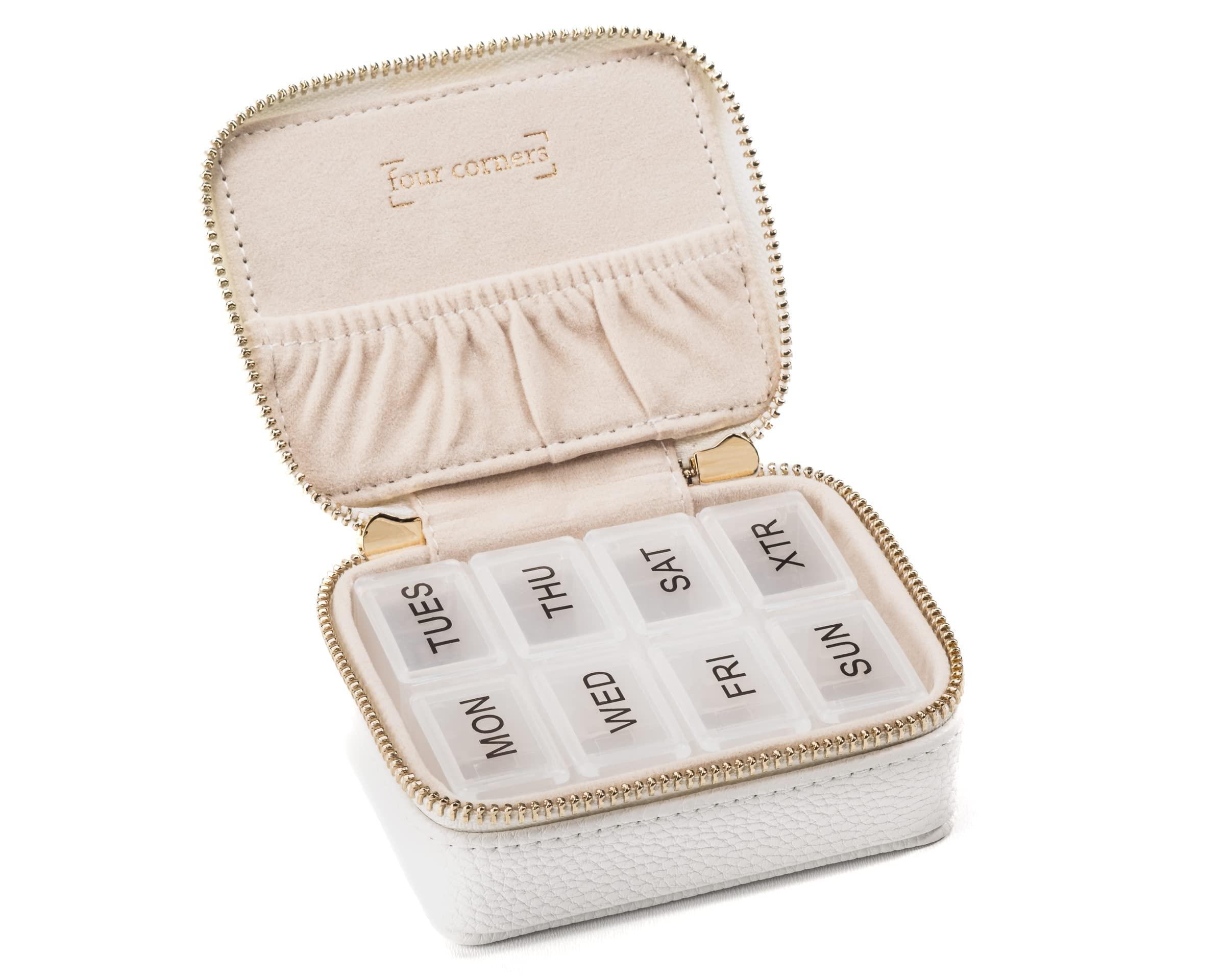 Four Corners Co Pill Organizer Vegan Leather Pill Case with Removable 7-Day Daily Pill Organizer a Travel Pill Organizer for Your Travel Essentials (White)