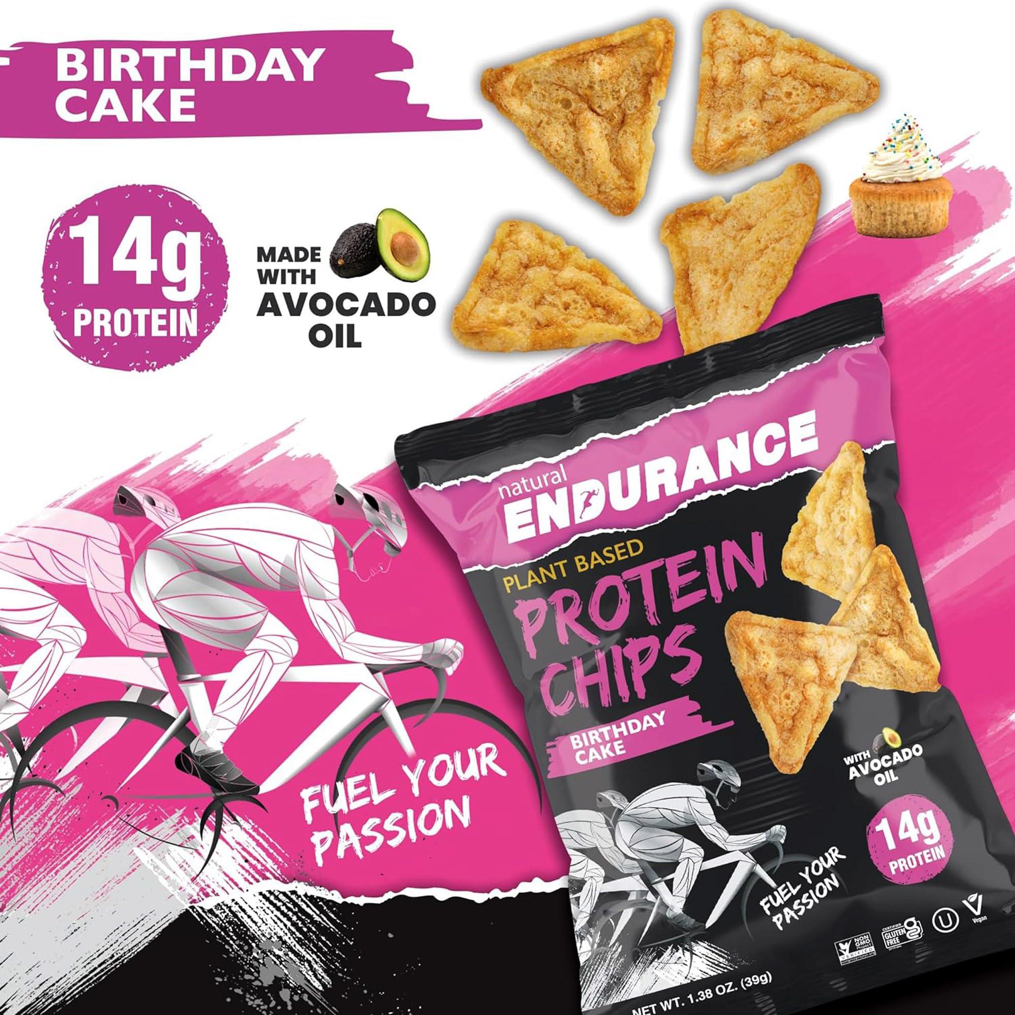 natural ENDURANCE Natural Endurance Protein Chips - Low Carb Chips, High Protein Snack, Vegan Protein with Avocado Oil, 14g Protein Per Bag, Gluten Free, Birthday Cake Flavor - 1.38 oz Bags (Pack of 12)