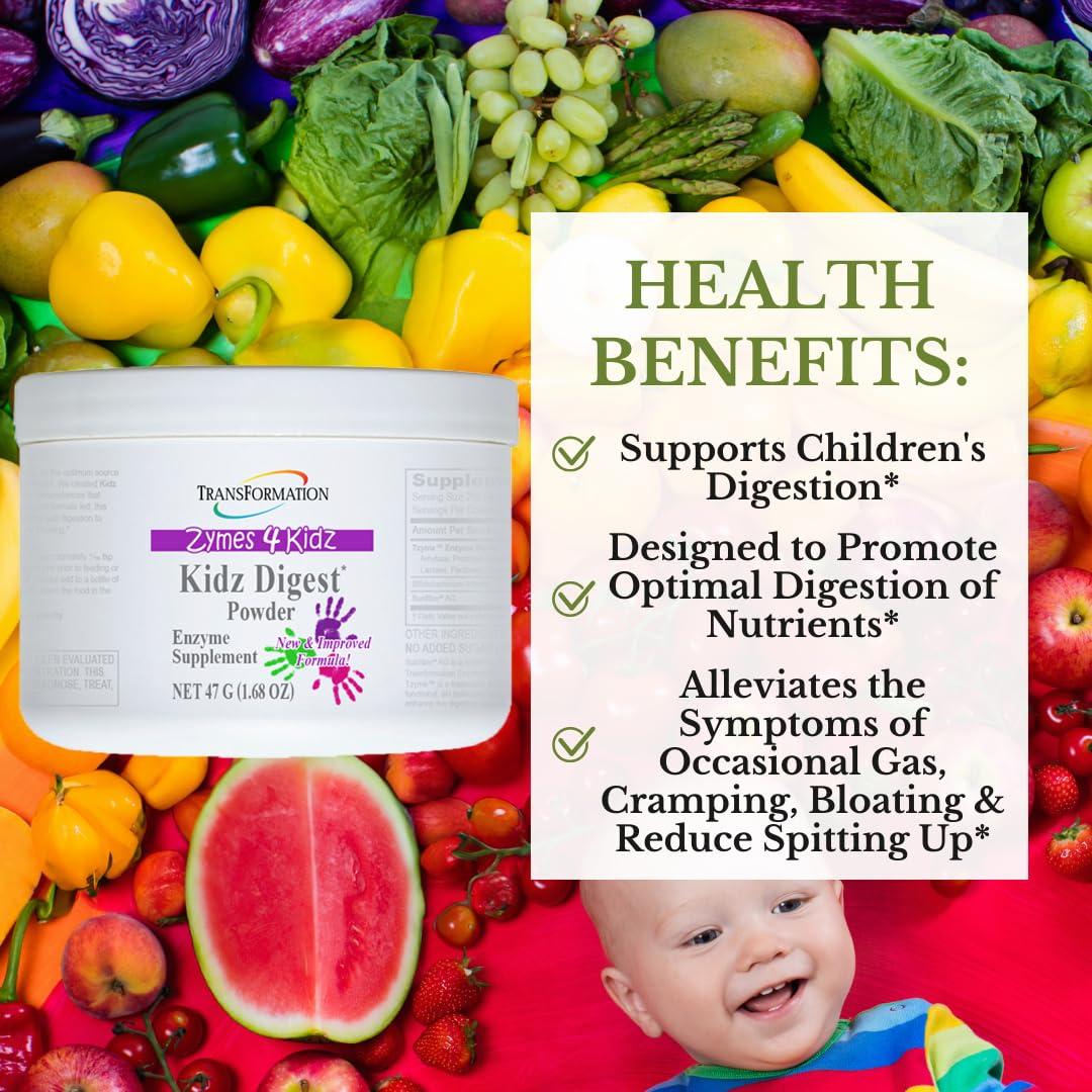 TRANSFORMATION THE GENESIS OF GOOD HEALTH Transformation Enzymes Kidz Digest Powder, Natural Digestive Support for Kids, Supports Healthy Digestion and Alleviate The Symptoms of Gas, Cramping, Bloating, Easy to Mix, 47g