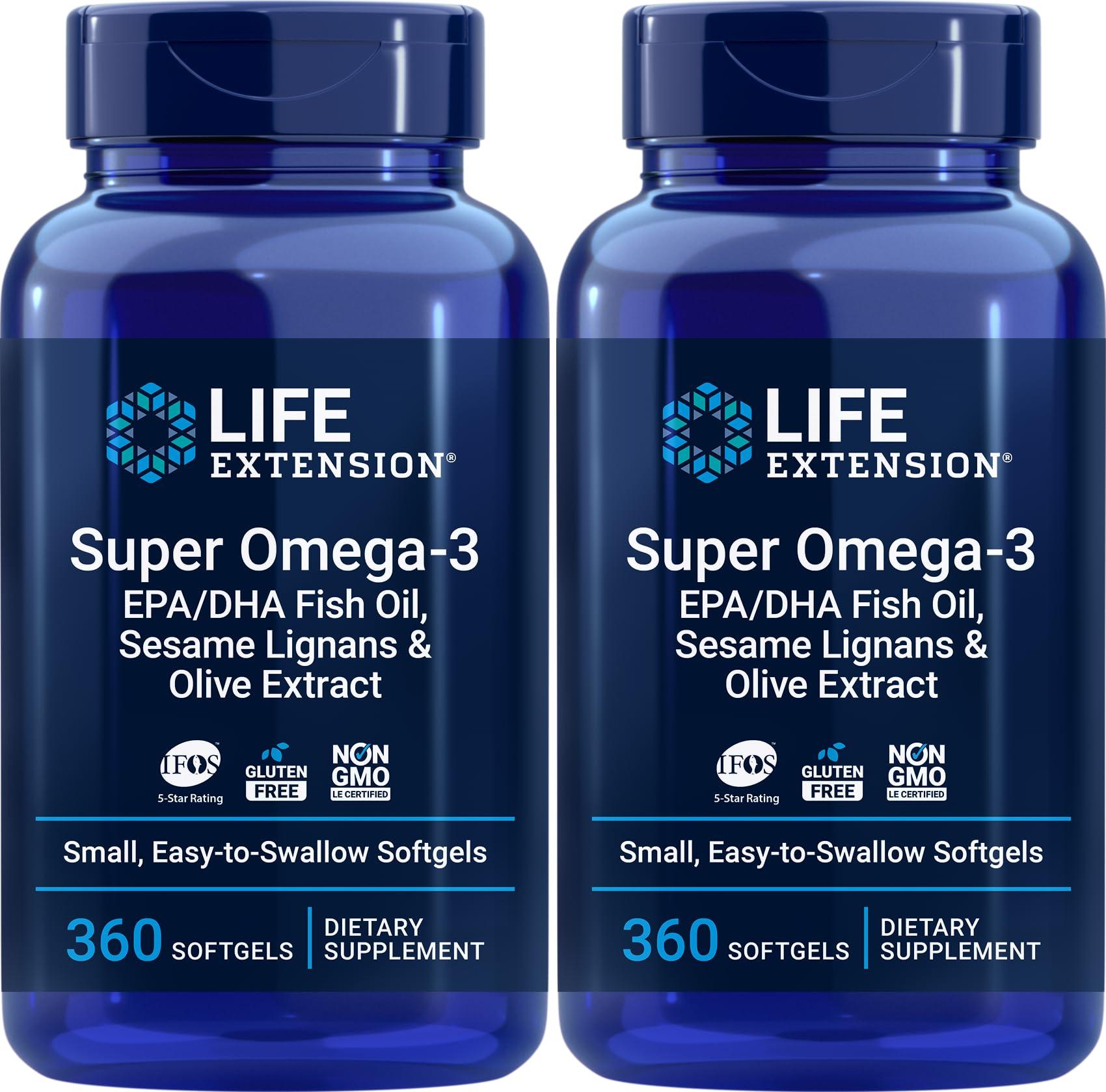 Life Extension Life Extension Super Omega-3 360 Softgels (Pack of 2), Easy to Swallow, EPA/DHA Omega3 Fish Oil, Sesame Lignans & Olive Extract