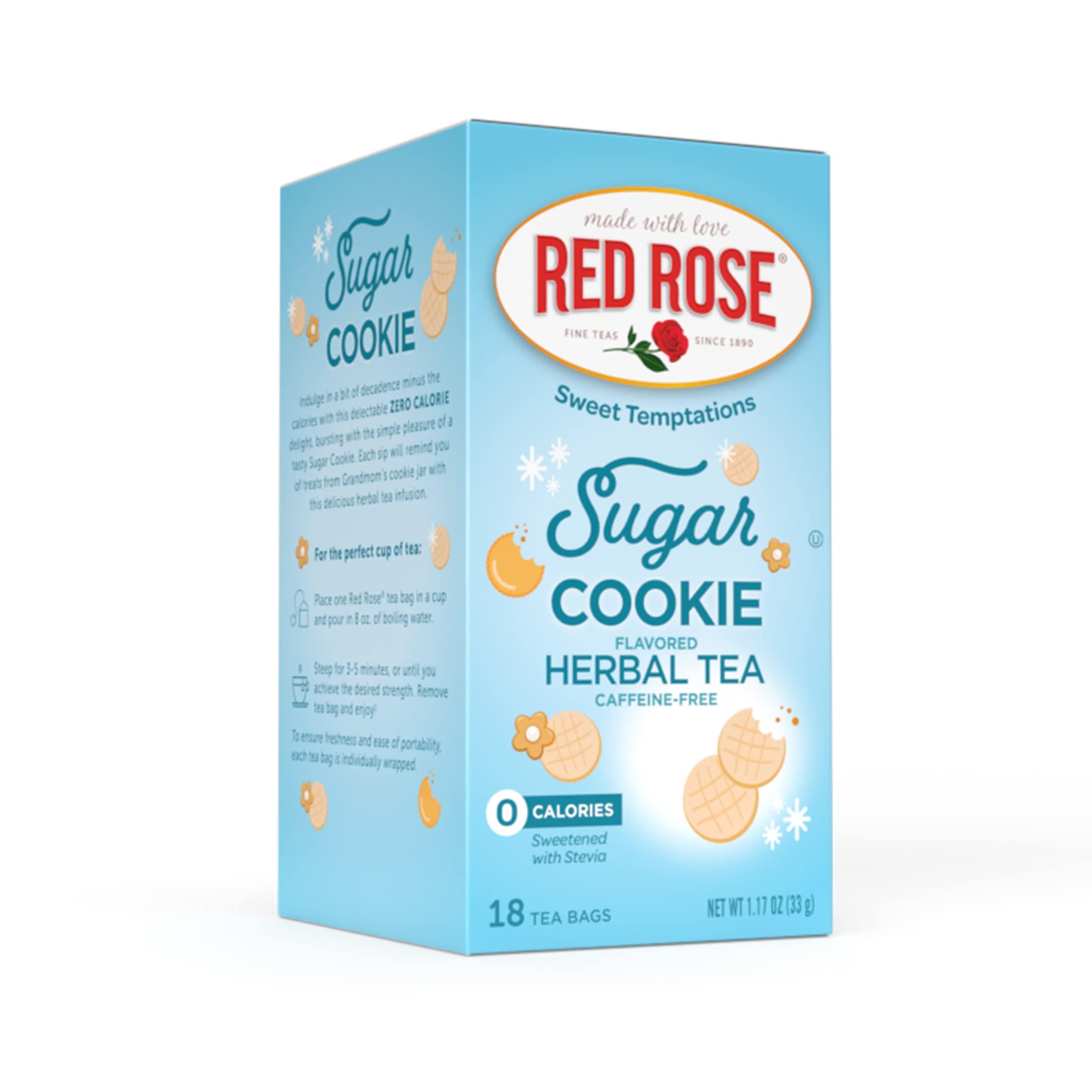Red Rose Red Rose Sweet Temptations Dessert Tea Sugar Cookie, Zero Carbs, Zero Sugar Bursting with Flavor Caffeine-Free Delicious Beverage Herbal Tea, 18 Count of Fruit Naturally Flavored Black Tea