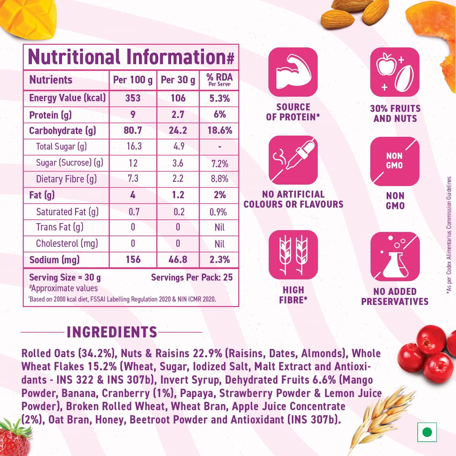 Bagrry's Bagrry's Crunchy Muesli Fruit N Nut with Cranberries 750 GM Pouch (Pack of 2)