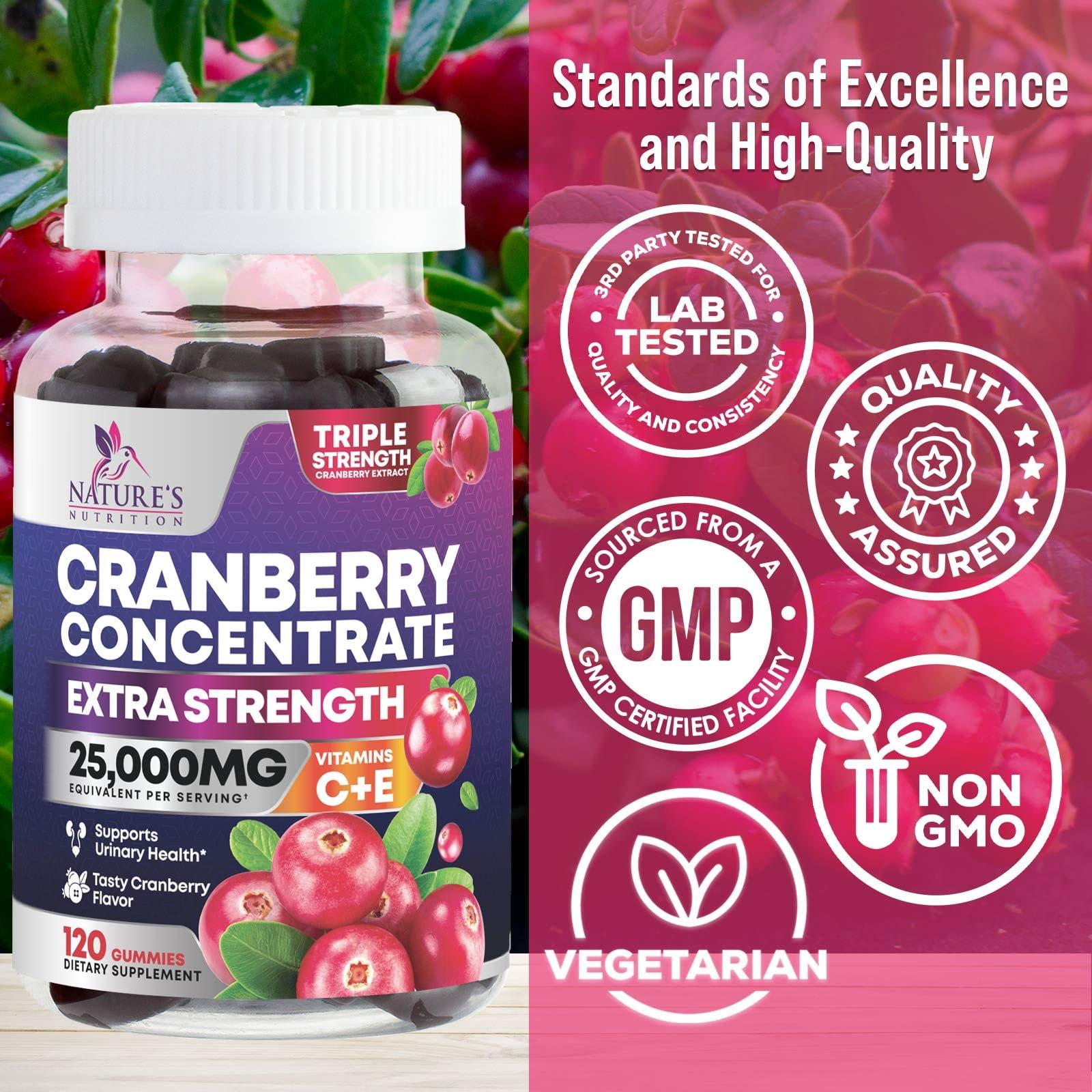 Nature's Nutrition Cranberry Gummies - Urinary Tract Health Gummy + Vitamin C - 25,000mg - Triple Strength Cranberry Concentrate Extract Supplement Pills, Ultimate Potency, Non-GMO, Gluten Free - 120 Gummies