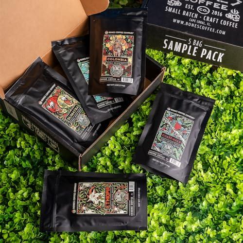 Bones Coffee Company Bones Coffee Company World Tour Sample Pack Gift Set, Medium Roast Ground Bean Coffee Low Acid Flavored Coffee Beans (4 oz, Pack of 5)