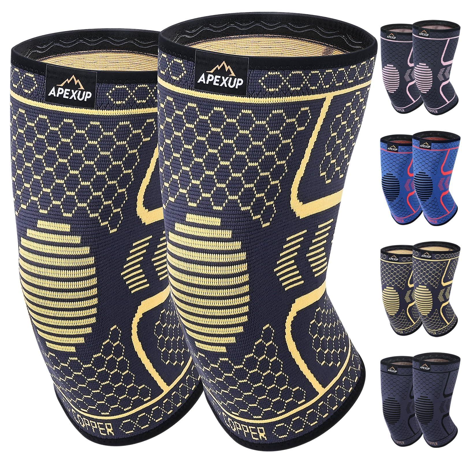 APEXUP APEXUP Copper Knee Brace for Women & Men, 2 Pack Knee Compression Sleeve for Knee Pain, Arthritis Pain Relief, Meniscus Tear, ACL, Knee Support for Running, Fitness, Weightlifting (L, Yellow)