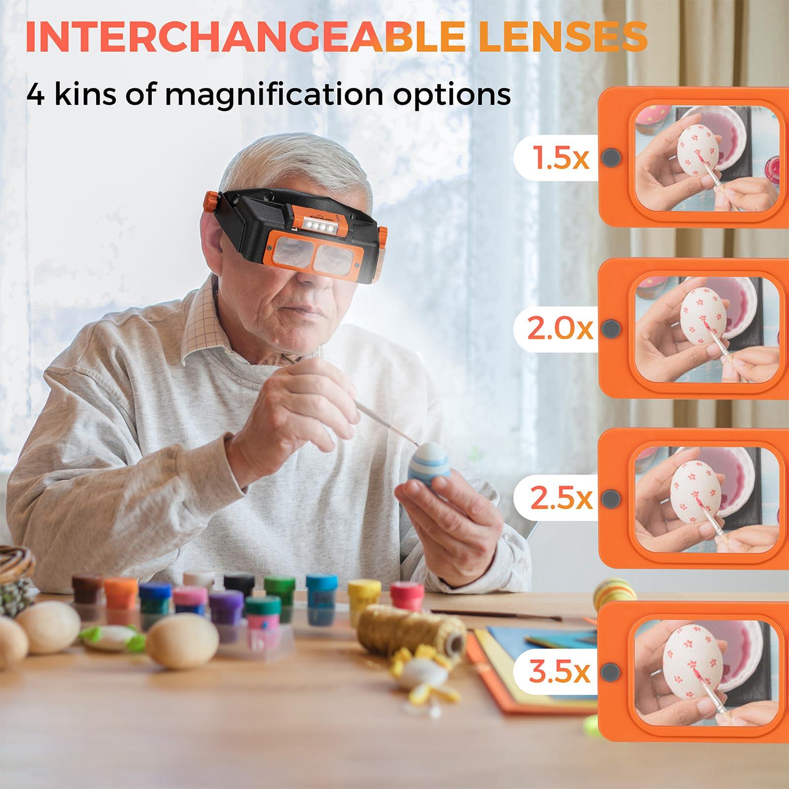 COYLAPY Headband Magnifier with Light, Rechargeable Magnifying Glasses for Close Work, 1.5X - 3.5X Magnifying Headset with 4 Lenses, Jewelers Magnifying Glass Loupe Visor for Reading,Crafts, Hobby