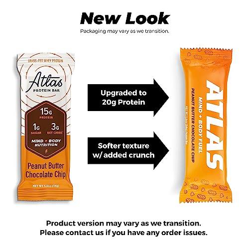 Atlas Protein Bar Atlas Protein Bar, 20g Protein, 1g Sugar, Clean Ingredients, Gluten Free, Peanut Butter Chocolate Chip (12 Count, Pack of 3)