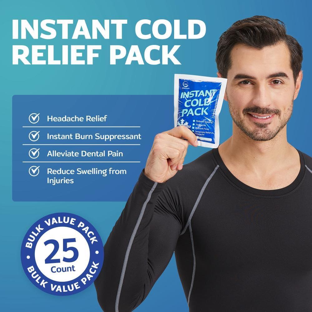 AllSett Health 25 Packs Instant Ice Cold Pack (6 x 4.5) - Disposable Instant Ice Packs for Injuries | Cold Compress Ice Pack for Pain Relief, Swelling, First Aid, Toothache, Athletes & Outdoor Activities